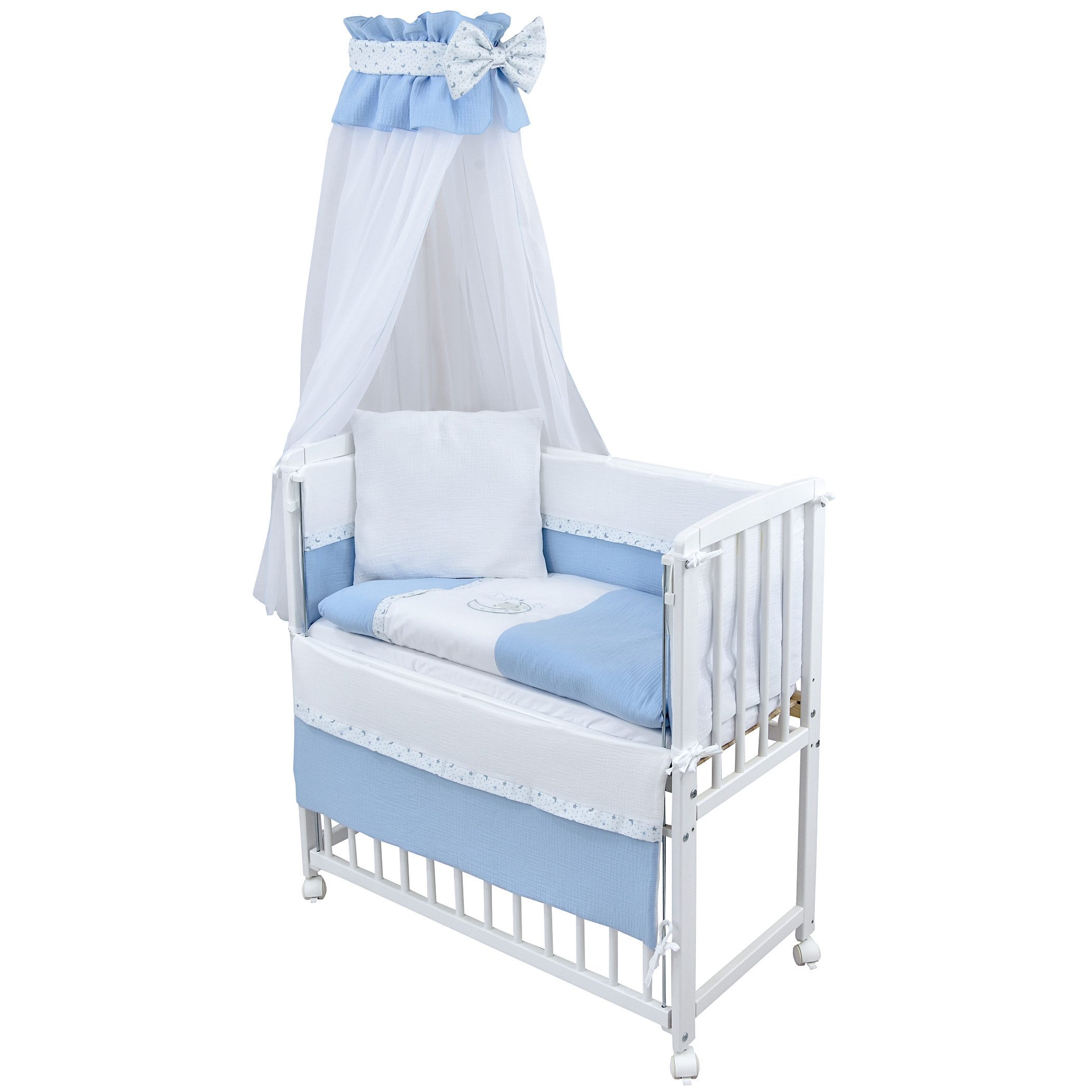 Baby-Delux Beistellbett Babybett Musselin Teddy Mond Blau, Stillbett 90x40 günstig online kaufen