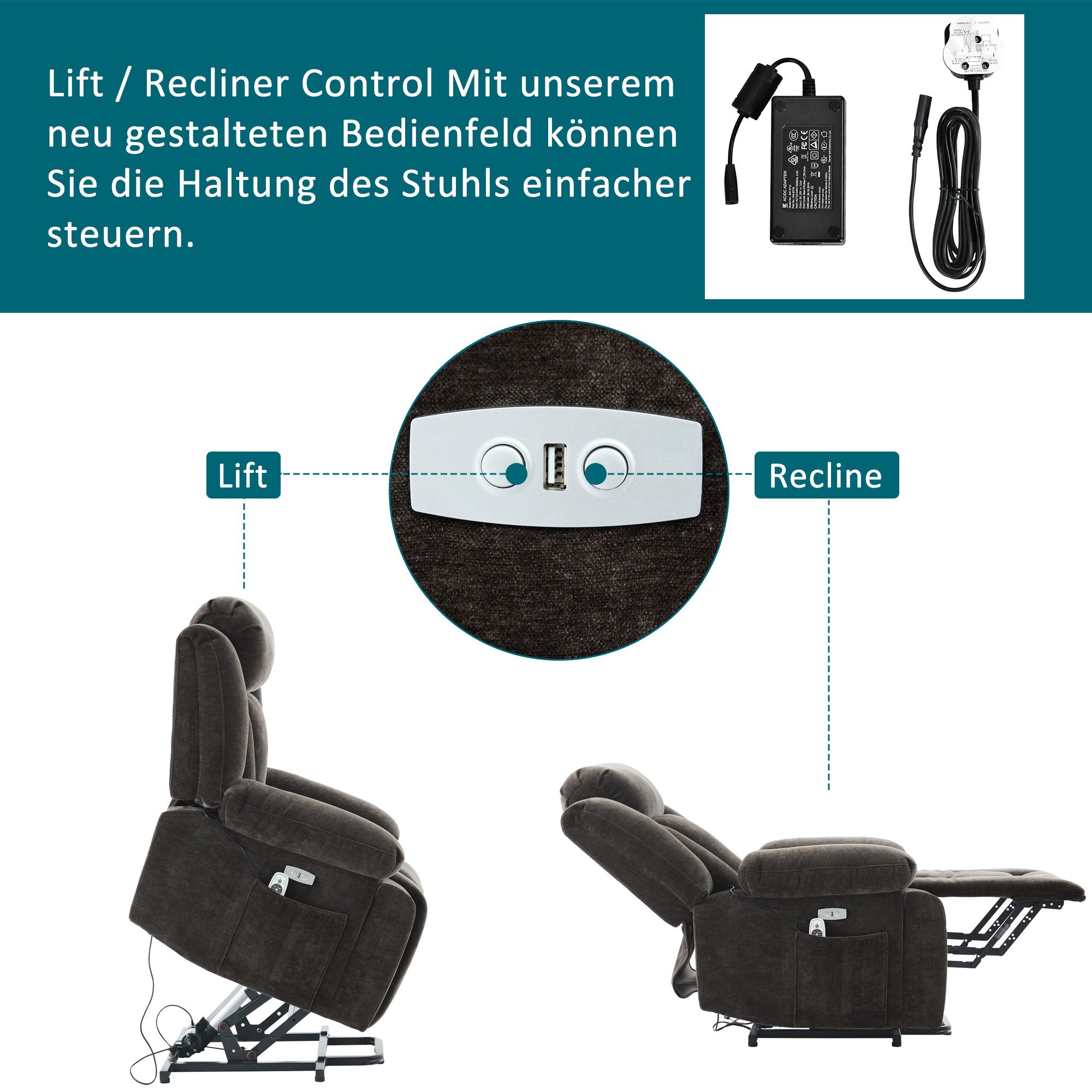 Merax Massagesessel mit 8-Punkt-Massagefunktion, Fernsehsessel mit USB-Anschluss (Chenille-Stoff, 1-St), Relaxsessel mit Heizfunktion & Hebefunktion, Staufach & Seitentaschen