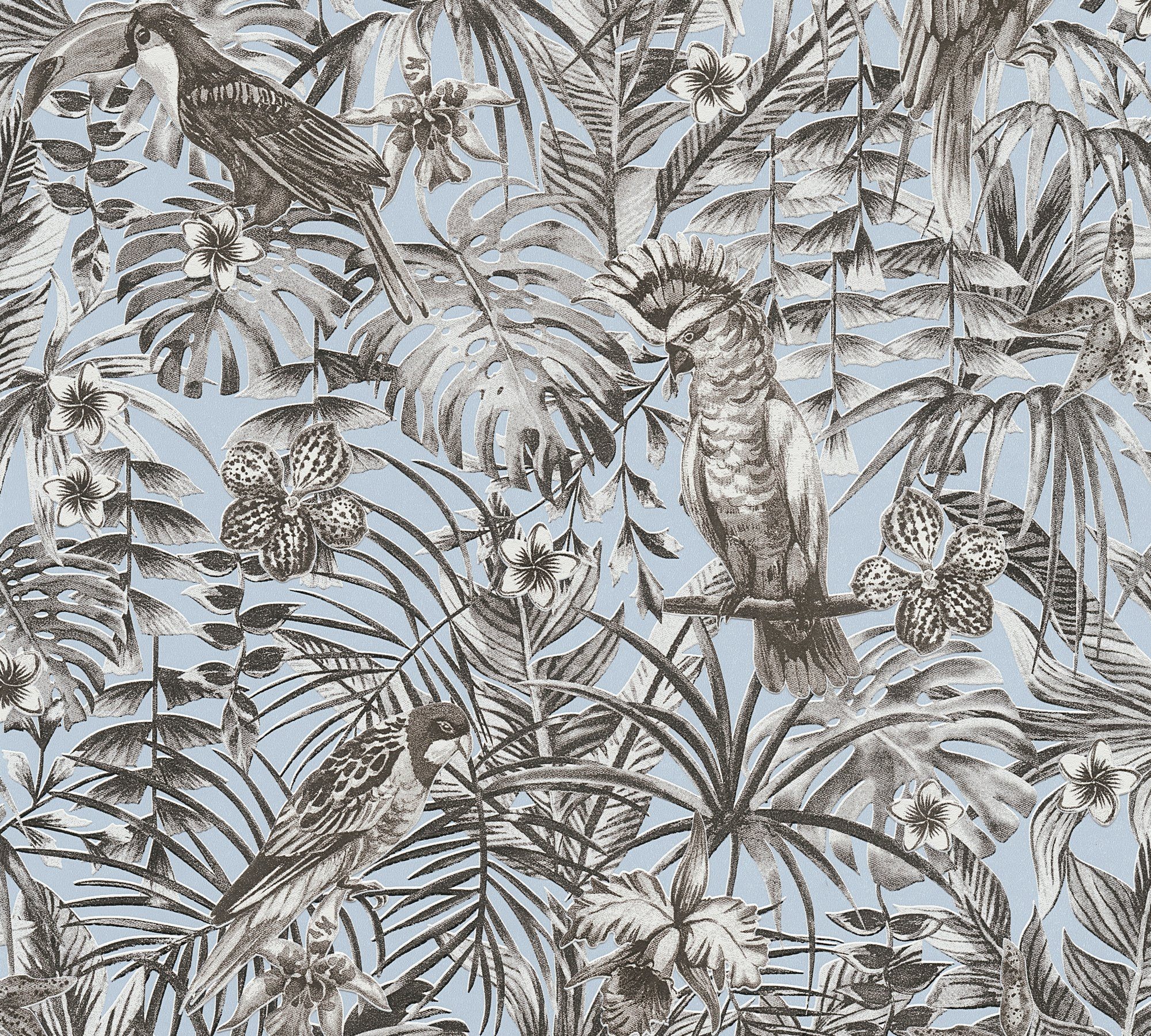 A.S. Création Vliestapete Optik, in strukturiert, grau Tapete floral, Dschungel mit Palmenprint Vogeltapete Dschungel Greenery