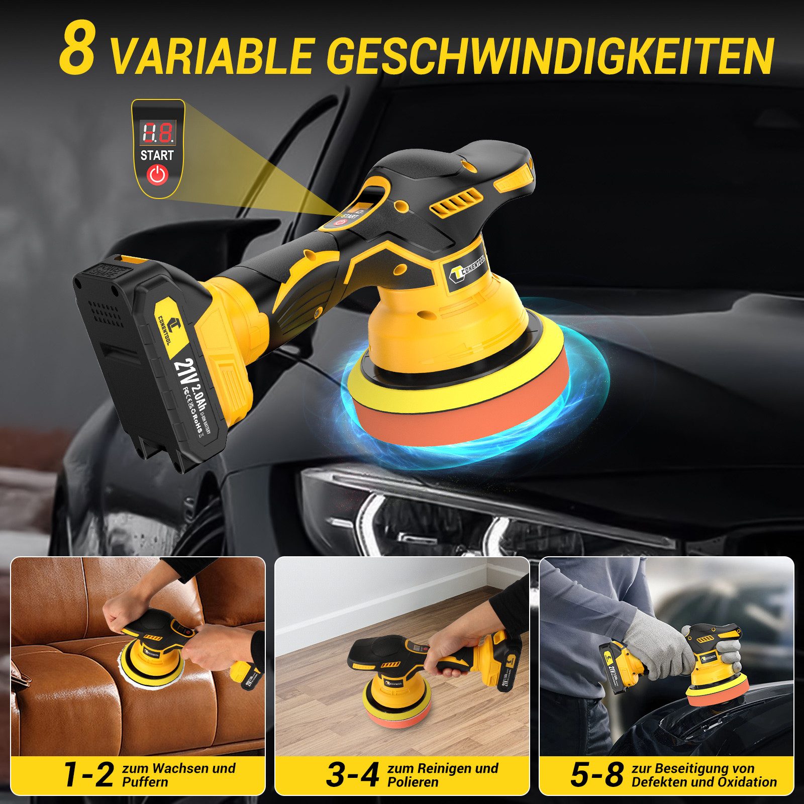 CONENTOOL Cordless Polisher, 6-inch, 8-Speed ​​Settings, 2500 min. RPM, 5000 max. RPM, Multifunctional Cleaning & Polishing Machine for Cars, Furniture & More