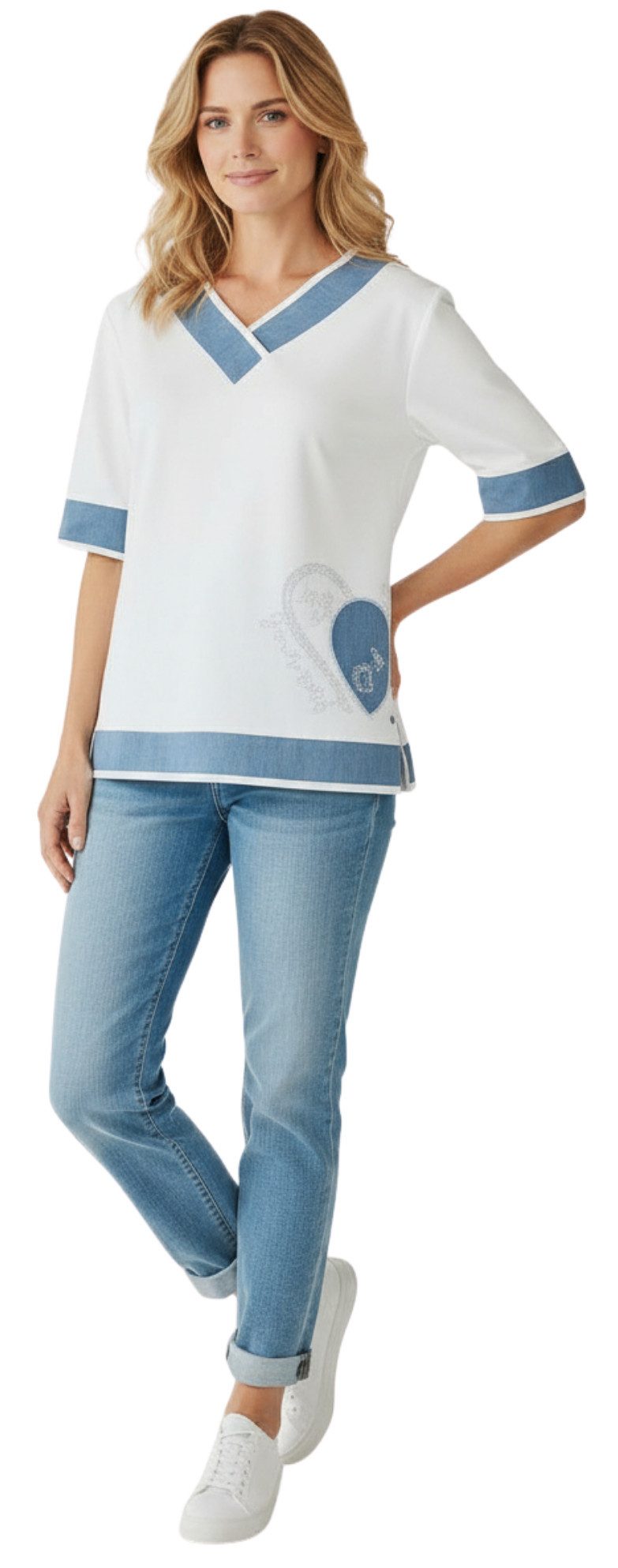 Gio Milano Sweatshirt Gio Milano, Sweatshirt mit trendigen Denim-Akzenten und Strass Denim-Herz mit Strassapplikation