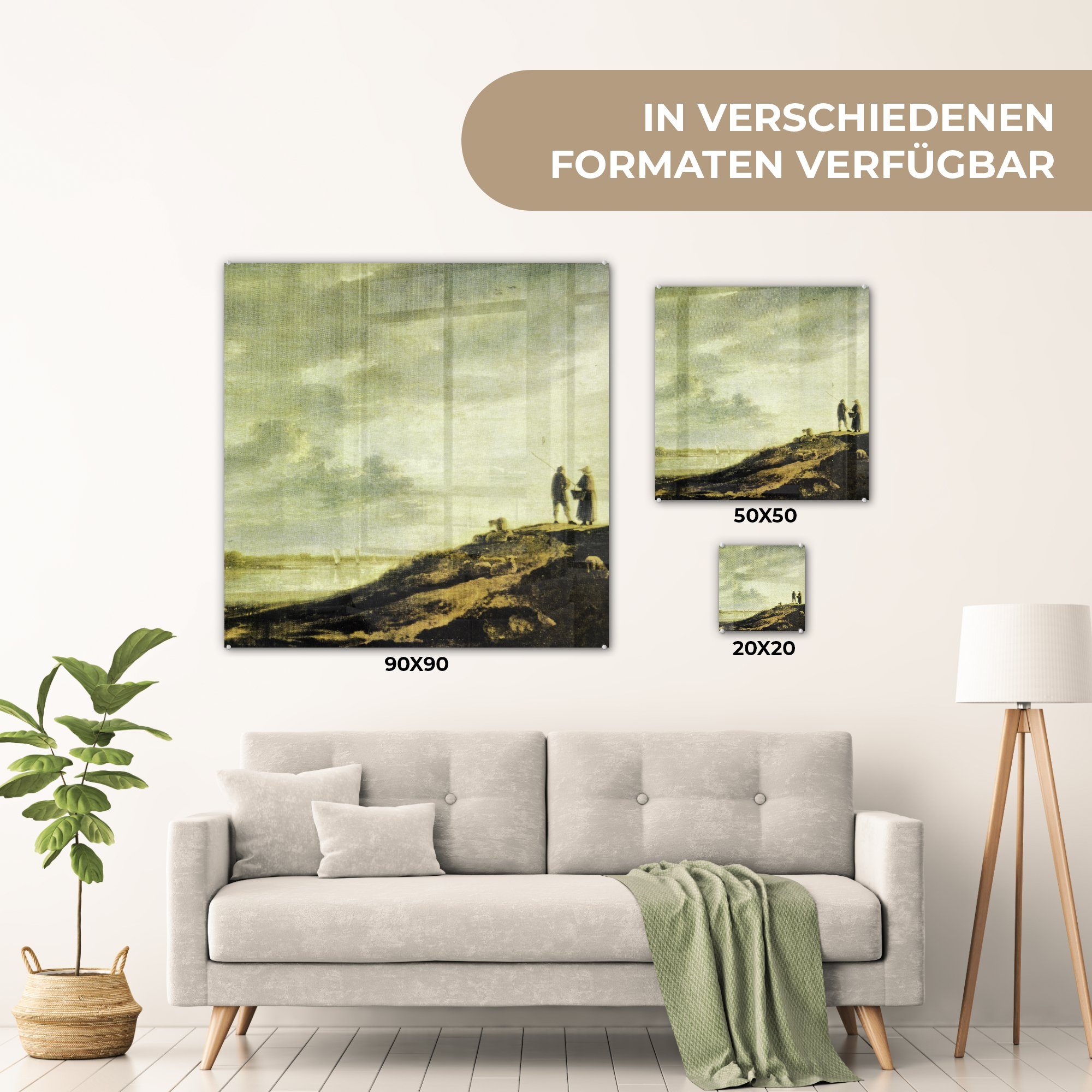 Glasbilder auf Glas über - Foto St), Bilder Glas Aelbert Acrylglasbild einem auf Fluss MuchoWow Cuyp, - - (1 Wandbild Sonnenuntergang Wanddekoration -