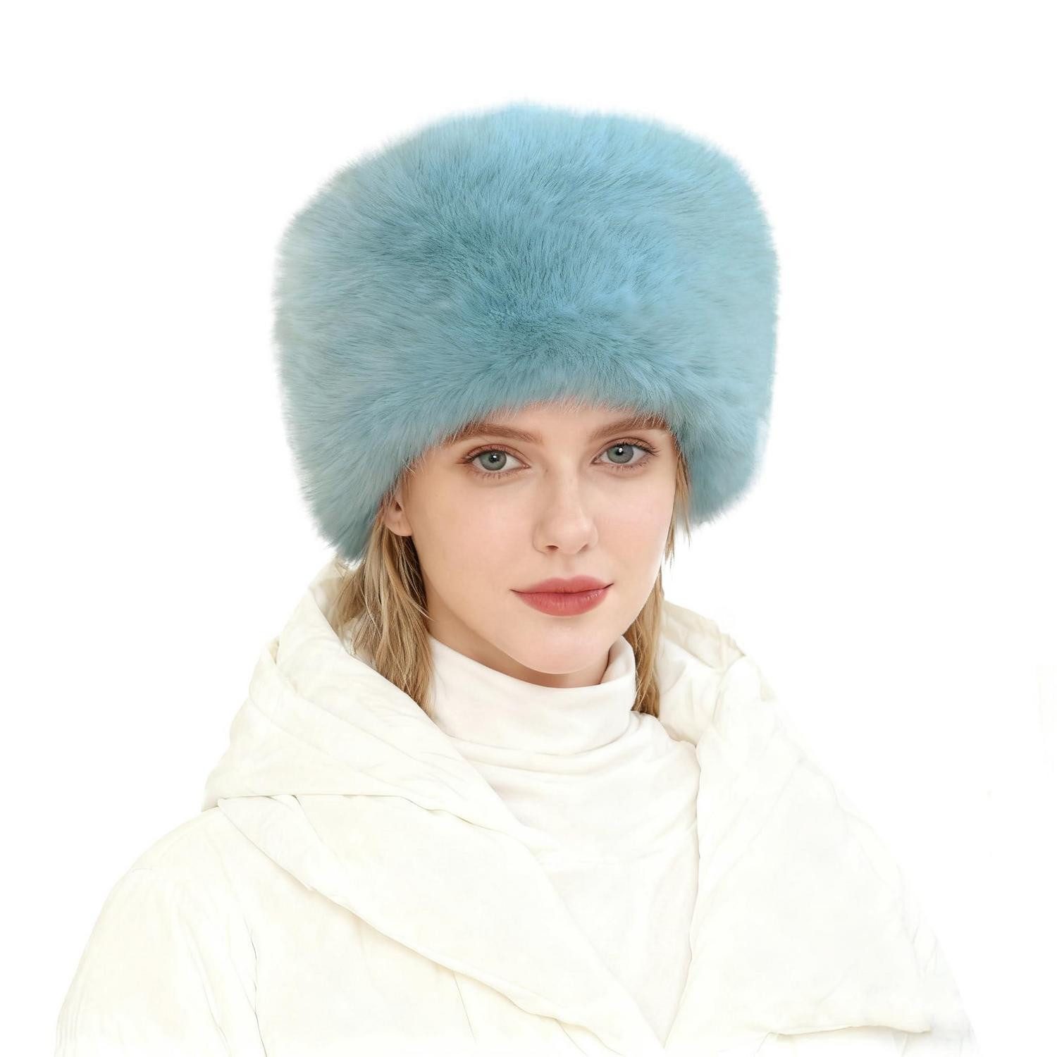 LuxusKollektion Fellimitatmützen Mütze Damen Winter Kunstfell Pastellblau (1-St)
