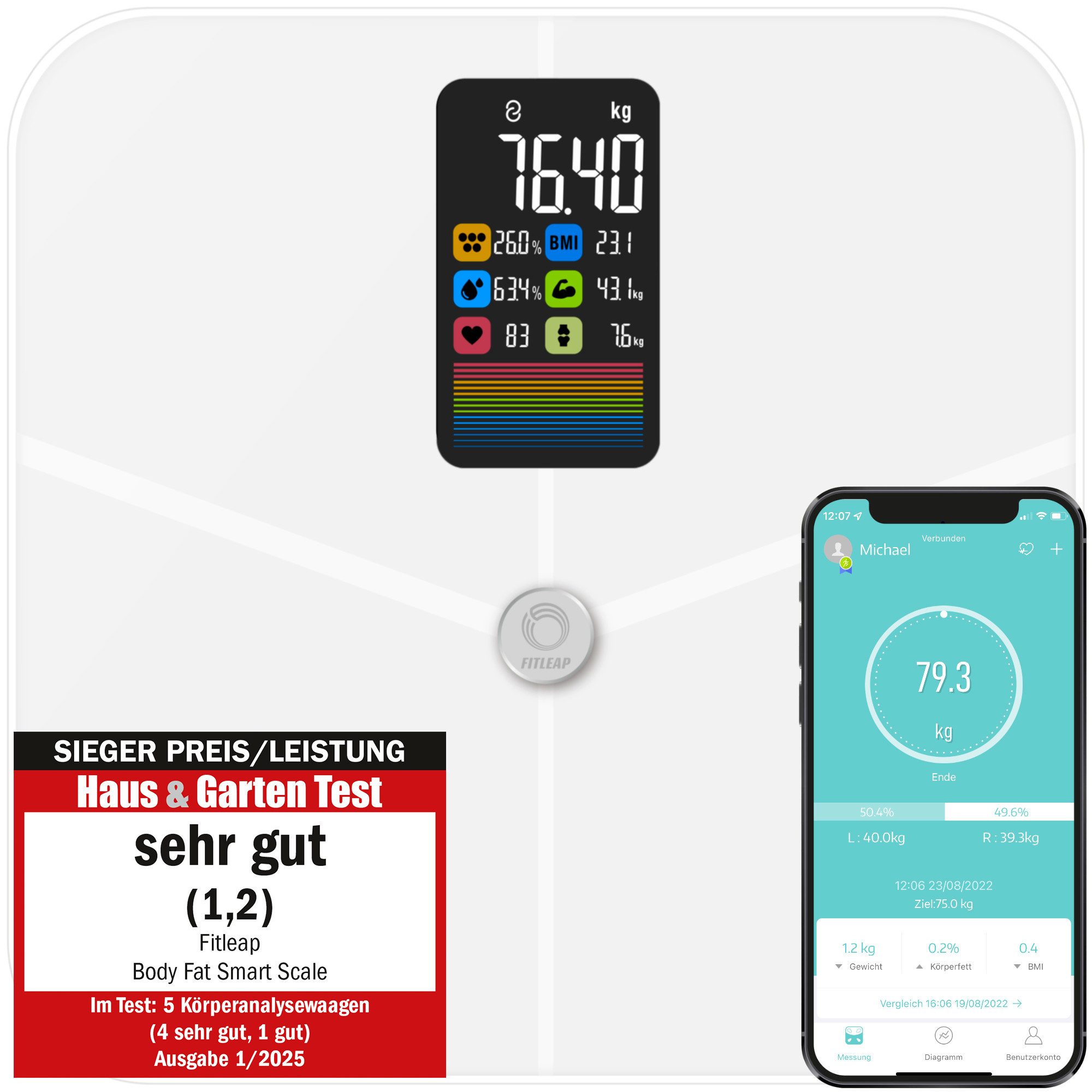 Fitleap Personenwaage Waage mit Körperfett- & Muskelanalyse bis 180kg, mit großen Display &…