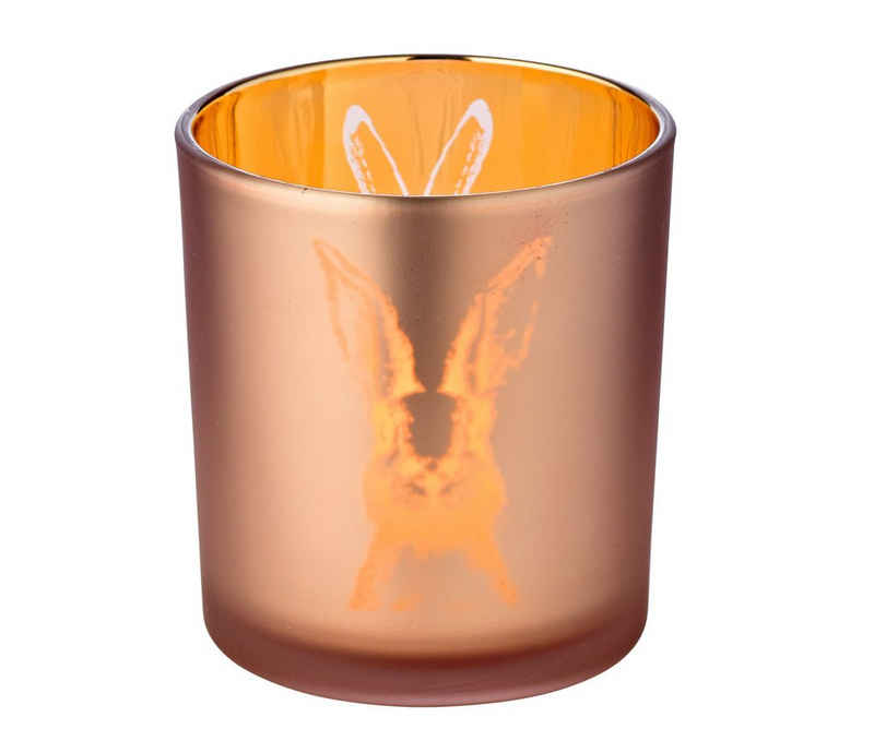 EDZARD Windlicht »Hase«, Kerzenglas mit Hasen-Motiv in Gold-Optik, Teelichtglas für Teelichter, Höhe 8 cm, Ø 7 cm