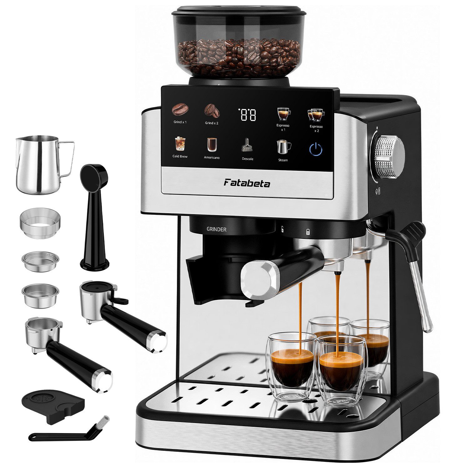 FATABETA Siebträgermaschine Espressomaschine 20 Bar Kaffeemaschine mit Mahlwerk bohnen & Milchaufschäumer, 30 Mahlgrade, Cold Brew, 1550W, Kapseladapter, für Zuhause
