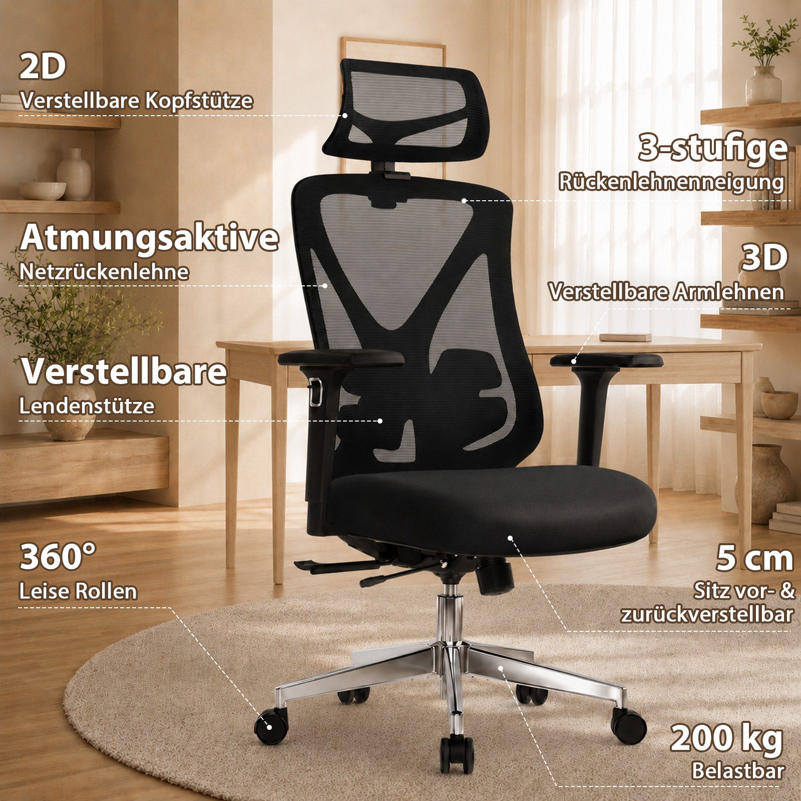 Hoolamyie Bürostuhl, Ergonomischer Schreibtischstuhl 200 kg, individuell anpassbar (Drehstuhl mit 4D-Lordosenstütze, 3D-Armlehnen, extra großer, verstellbarer Kopfstütze, Sitztiefenverstellung, atmungsaktiver Mesh-Rückenlehne, hochelastischem und druckentlastendem Sitzpolster sowie 3-fach arretierbarer Rückenlehne bei 90°, 115° und 135), Ergonomischer Bürostuhl und Netzstuhl für Homeoffice & Büro