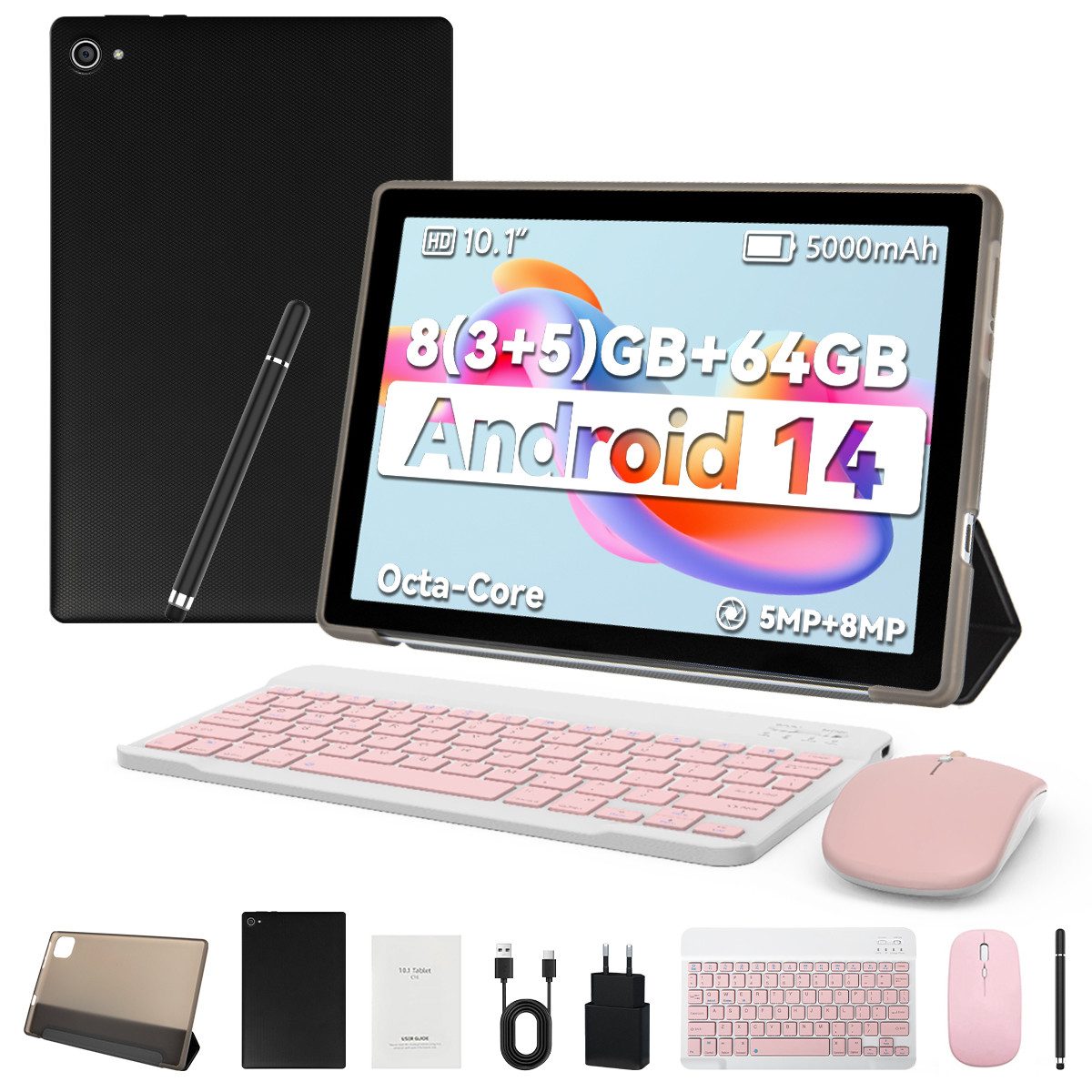 BUFO 10,1 Zoll 8(3+5)GB+64GB Expand 1TB mit Maus, Tastatur und Stylus Tablet (10", 64 GB, Android, 2,4G/5G WiFi, Android 14, 5000mAh, Gesichtsentsperrung, 1280x800 HD IPS)