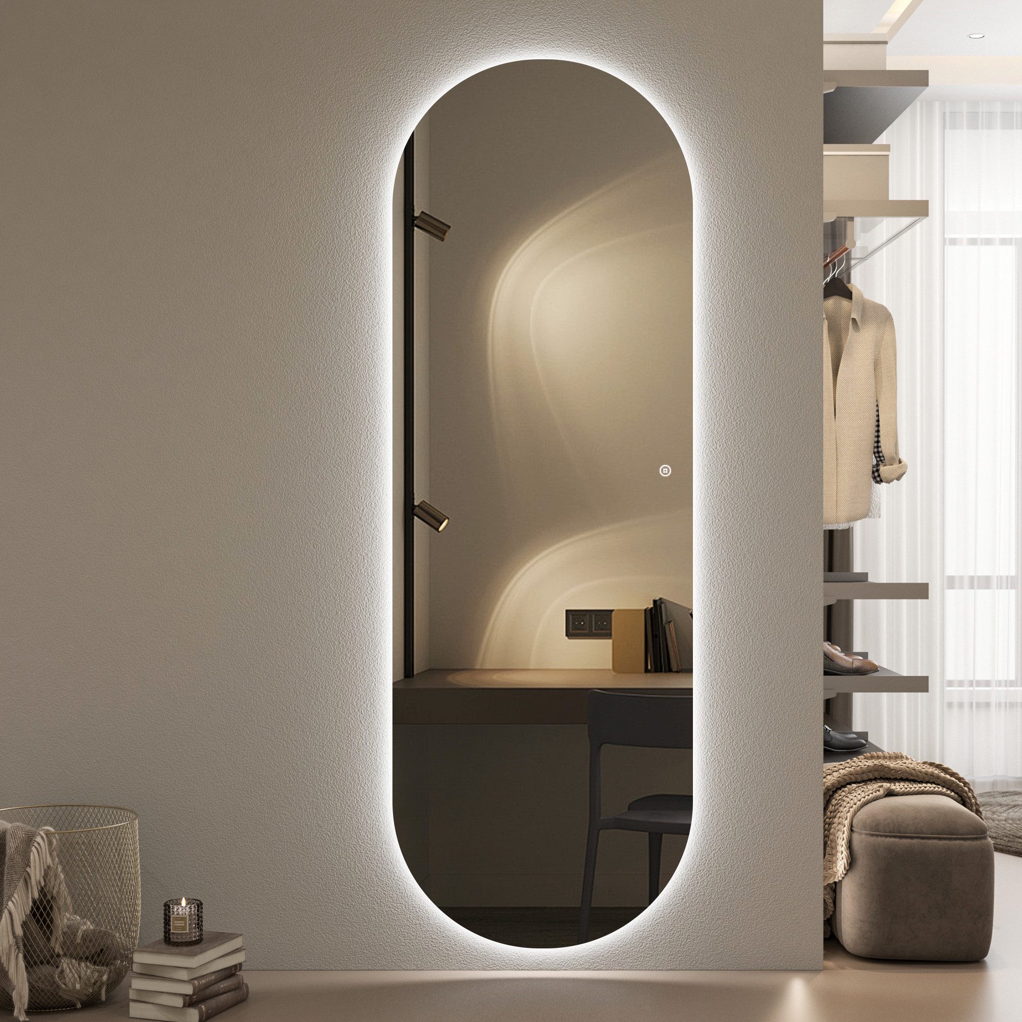WDWRITTI Wandspiegel Rahmenlos 165x60cm LED Ganzkörperspiegel Flurspiegel (3Lichtmodi, Dimmbar, Kalt/Neutral/Warmweiß), mit Netzadapter & 1,5m Stromkabel