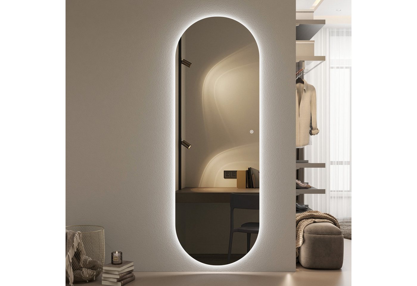 WDWRITTI Wandspiegel Rahmenlos 165x60cm LED Ganzkörperspiegel Flurspiegel (3Lichtmodi, Dimmbar, Kalt/Neutral/Warmweiß), mit Netzadapter & Stromkabel
