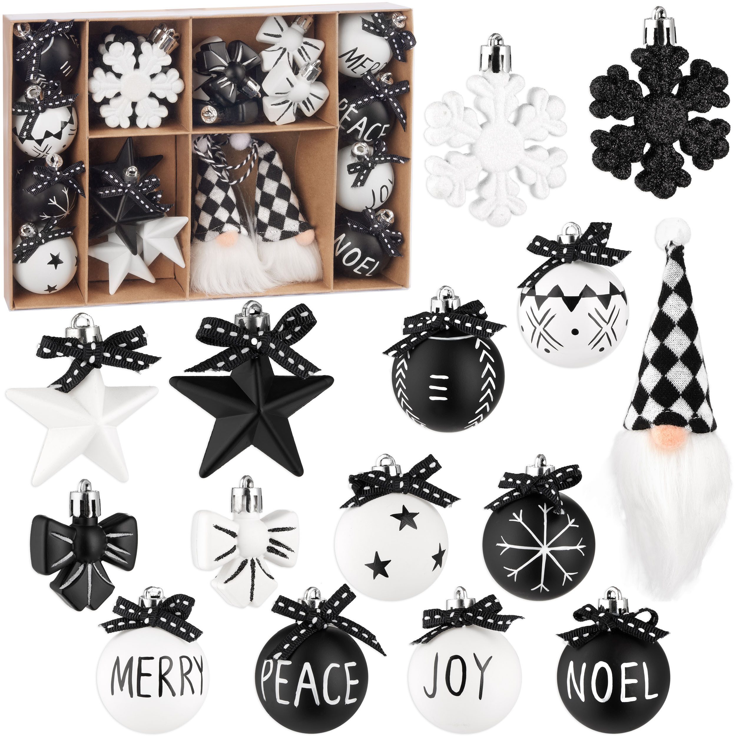 BRUBAKER Weihnachtsbaumkugel 24 Stück Christbaumschmuck Black and White - Weihnachtskugel Set (70 St), Wichtel, Schneeflocken, Merry, Peace, Joy und Noel Baumkugeln