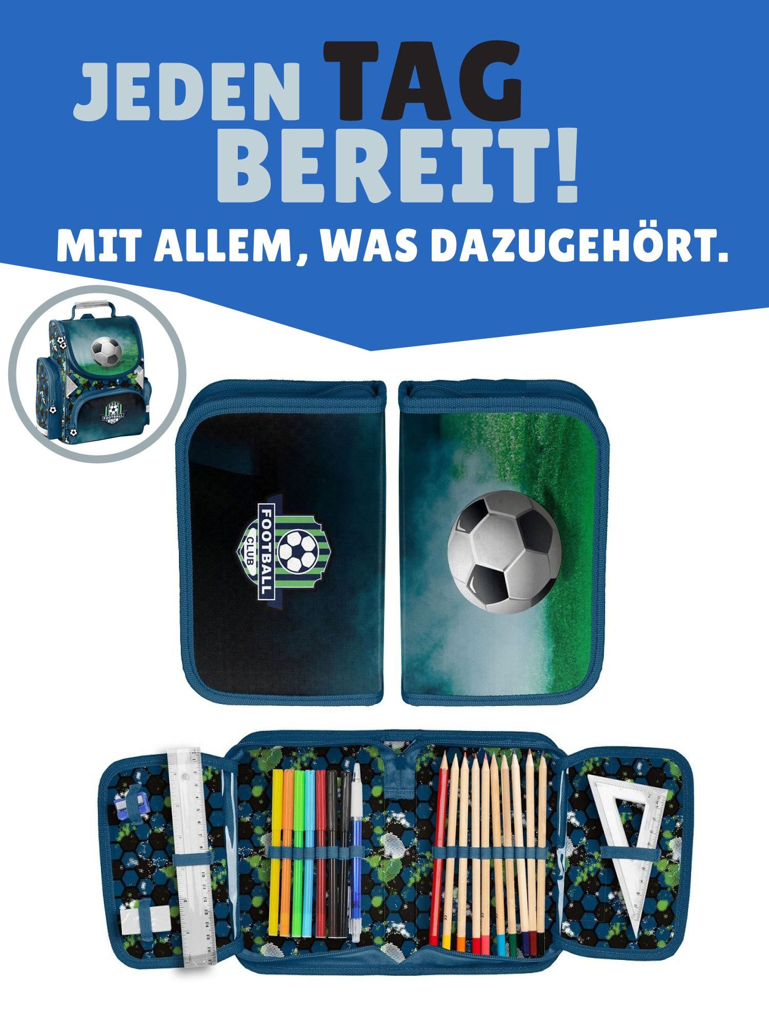 Familando Schulranzen 1.-3. Klasse ergonomisch, leicht, Volumen 15 Liter (10-tlg., inkl. Sporttasche und Schultüte / Zuckertüte 85cm), Fussball Schultasche für  – Bild 5 von 5