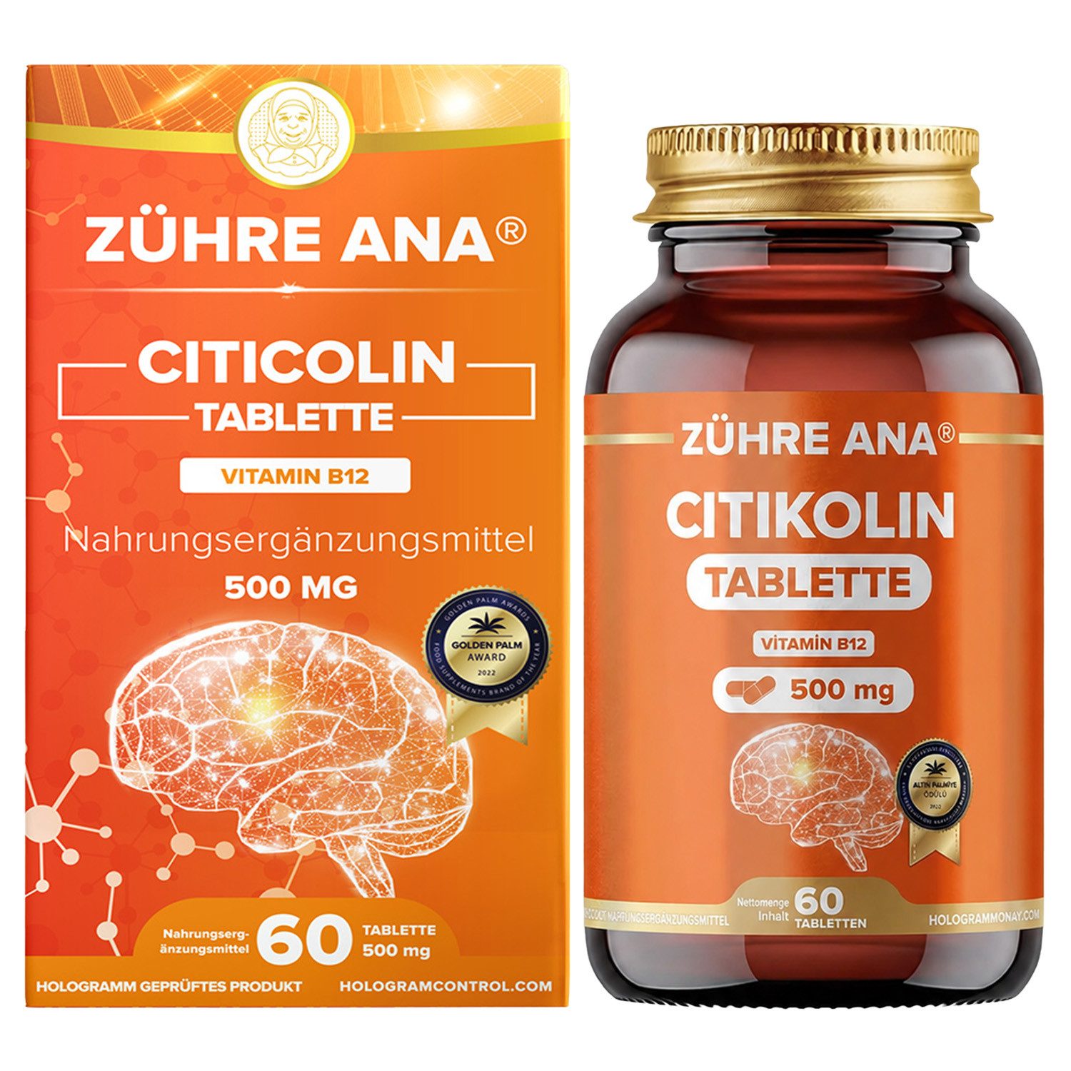 Zühre Ana® Citicolin 500 mg–60 Tabletten mit Vitamin B12 für tägliche Unterstützu Kapseln, 60 St., 60 g, Citicolin-Tablette – Inhalt angereichert mit Vitamin B12.