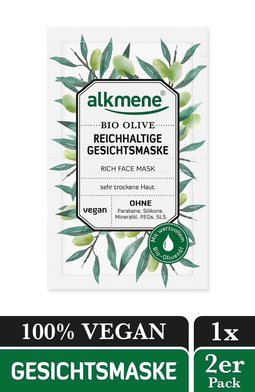 alkmene Gesichtsmaske »Gesichtsmaske mit Bio Olive - Reichhaltige  Feuchtigkeitsmaske für sehr trockene Haut - vegane Gesichtsmasken ohne  Silikone, Parabene, Mineralöl, PEGs, SLS & SLES im 2er Pack (2x 6 ml)«,  1-tlg. online kaufen | OTTO