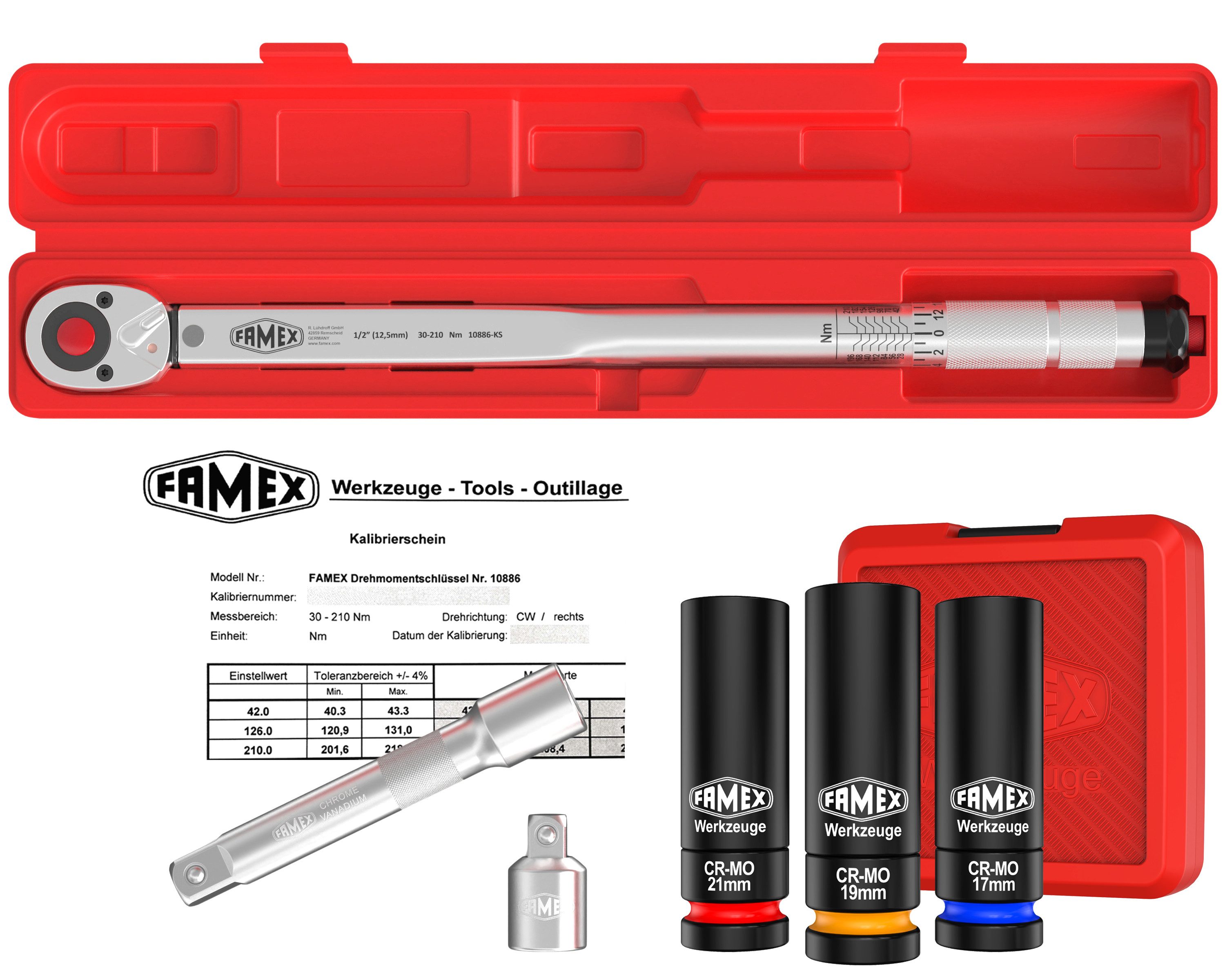 FAMEX Drehmomentschlüssel 10886-3N-KS Drehmomentschlüssel Set 1/2 Zoll (12,5mm) (4% Genauigkeit, 6 St), mit Kalibrierschein