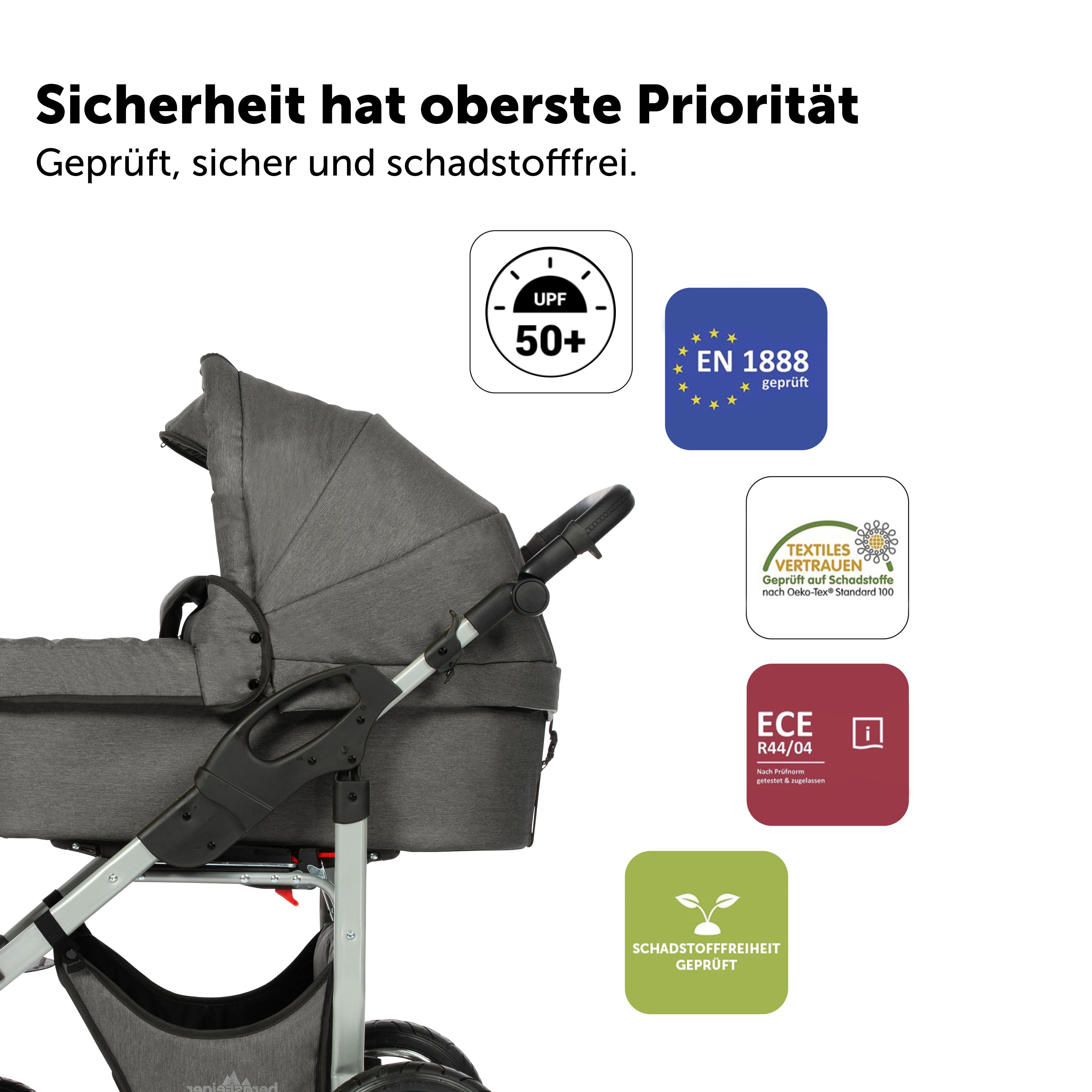 bergsteiger Kombi-Kinderwagen Babywagen Capri inkl. Sonnenschutz grey Federleichtes Buggy-Aufsatz, (10-tlg) - Zubehör Gewicht, Komplettset Babyschale, & Gestell: 3in1, silber - Wetterfußsack, Kombikinderwagen