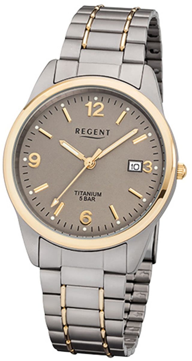 Regent Quarzuhr Regent Herren-Armbanduhr silber grau gold, (Analoguhr), Herren Armbanduhr rund, mittel (ca. 36mm), Titanarmband