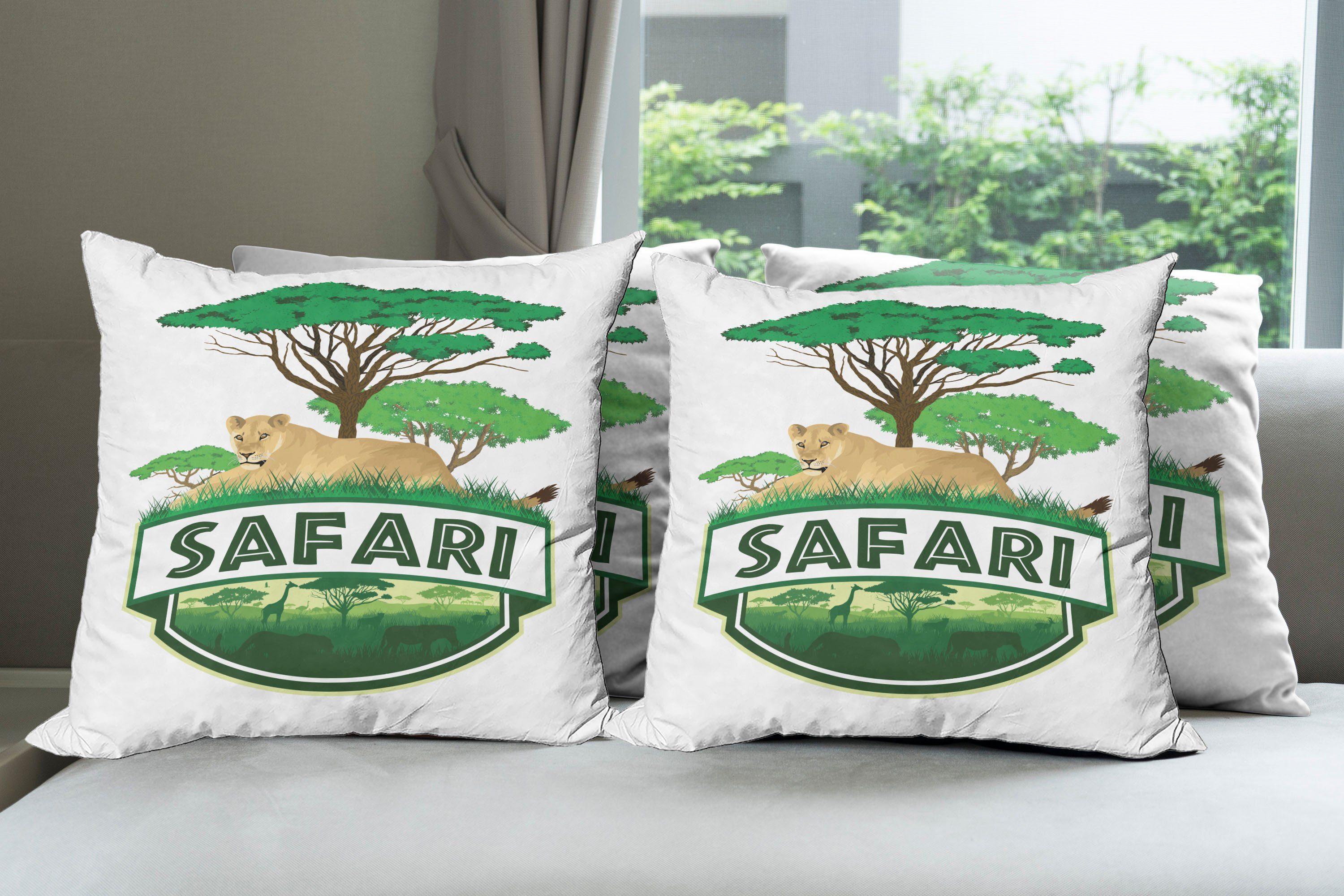 Modern (4 Trees African Kissenbezüge Digitaldruck, Abakuhaus Lion Stück), Safari Green Accent Doppelseitiger