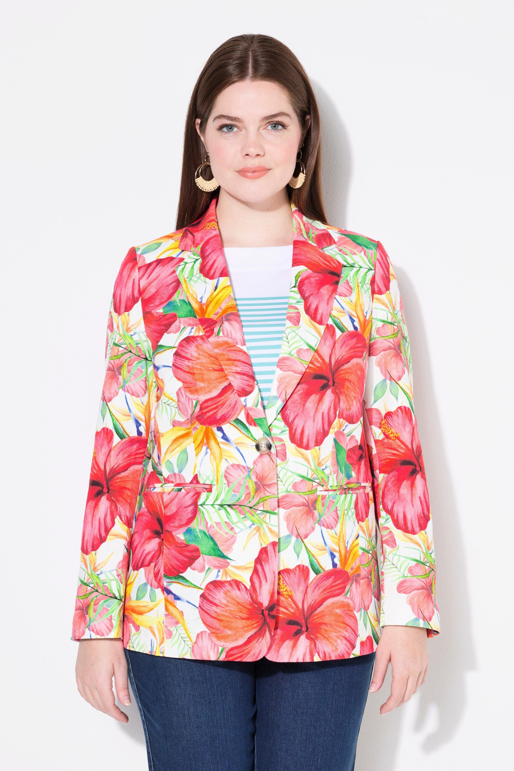 Ulla Popken Blusenblazer Blazer Blütenmuster Reverskragen günstig online kaufen