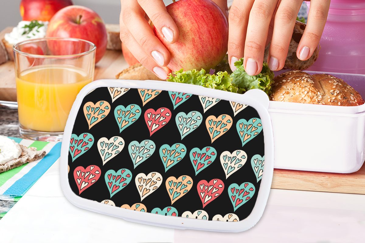 Muster Mädchen - Herz weiß für - Mädchen, (2-tlg), für - Kinder Mädchen - Lunchbox Brotdose, Jungs und Mädchen - - MuchoWow Kinder Erwachsene, Kunststoff, Brotbox Herzen und