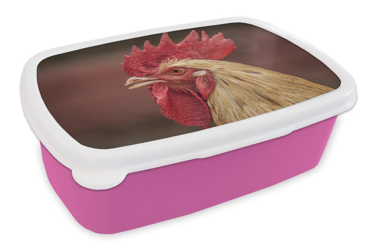 MuchoWow Lunchbox Tiere - Hahn - Rot, Kunststoff, (2-tlg), Brotbox für Erwachsene, Brotdose Kinder, Snackbox, Mädchen, Kunststoff rosa