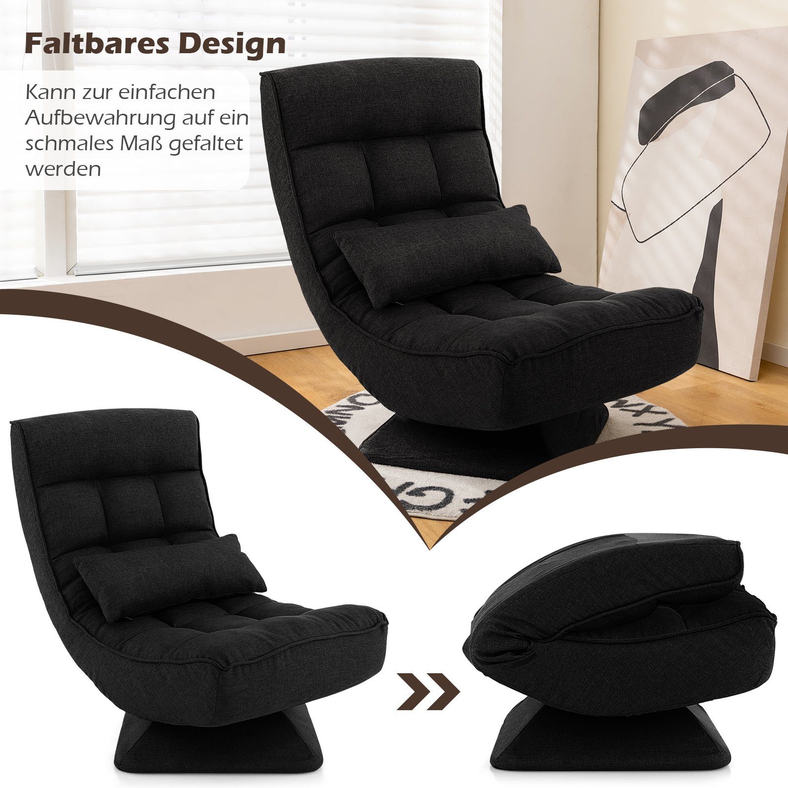 COSTWAY Relaxsessel 360° drehbar Gamingstuhl Bodensessel, verstellbar, klappbar mit Kissen – Bild 3 von 5