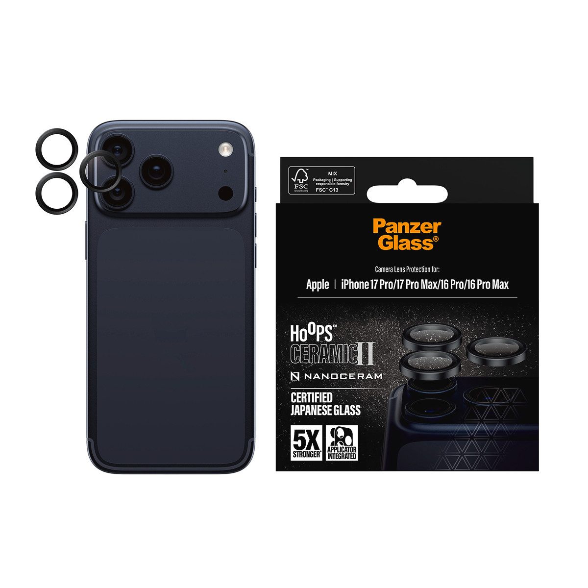 CARE by PanzerGlass Kameraschutzglas Hoops Ceramic II Camera Lens Protector für Apple iPhone 16 Pro/Pro Max, Apple iPhone 17 Pro/Pro Max, Kameraschutz,Linsenschutz,Objektivschutz, kratz- & stoßfest