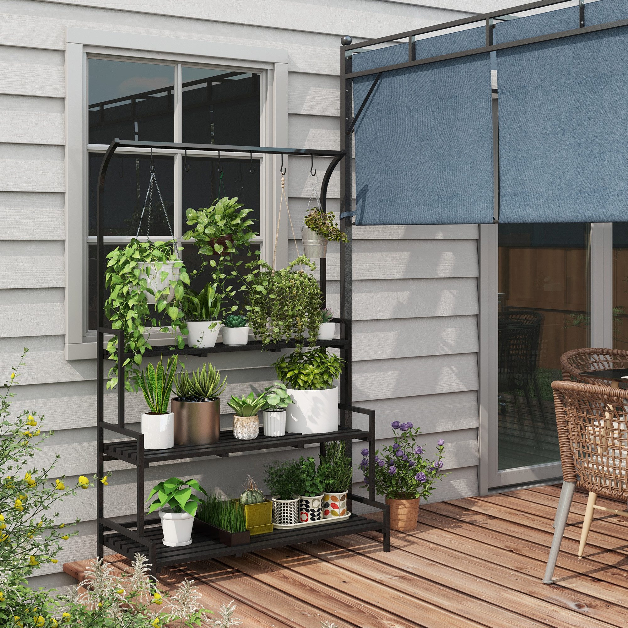 Outsunny Pflanzentreppe Pflanzenständer, 170 cm hoch Blumenständer mit Haken (Blumentreppe, 1 St., Blumenregel), für Garten, Balkon, Schwarz