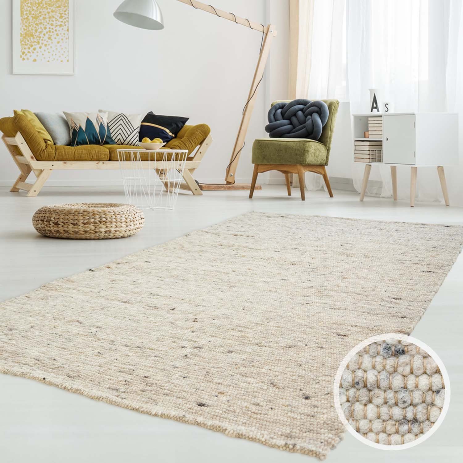 TaraCarpet Wollteppich TaraCarpet Lambrecht, rechteckig, Höhe: 13 mm, Hand-Web-Teppich grau beige gewalkt Wohnzimmer Esszimmer 070x130 cm