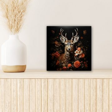 OneMillionCanvasses® Leinwandbild Hirsch - Tier - Blumen - Natur - Botanisch, (1 St), Leinwand Bilder für Wohnzimmer Schlafzimmer, 20x20 cm