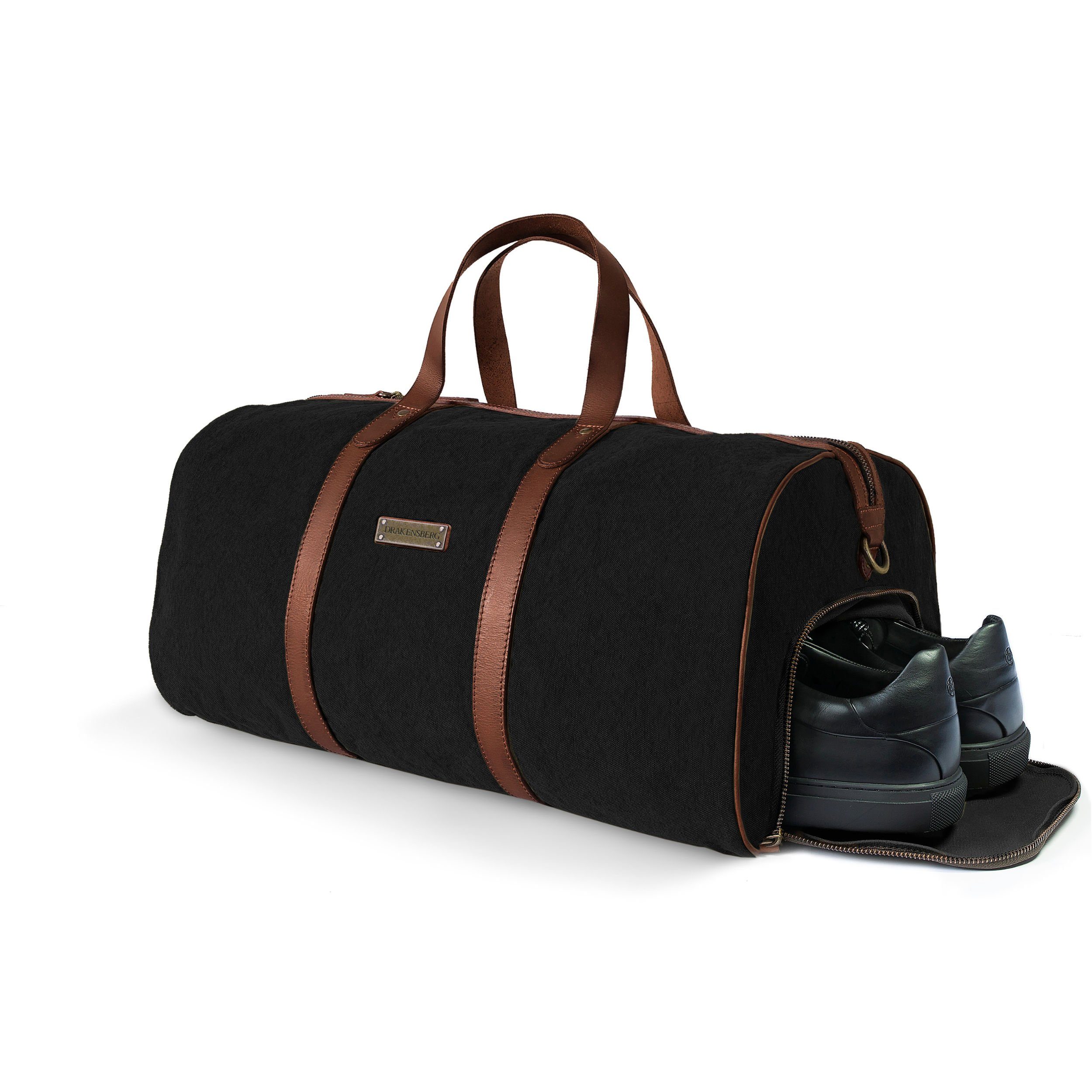 Damen Sporttasche und Reisetasche Schuhfach Büffelleder Weekender »Toby« DRAKENSBERG für mit Herren, Canvas und Schwarz,