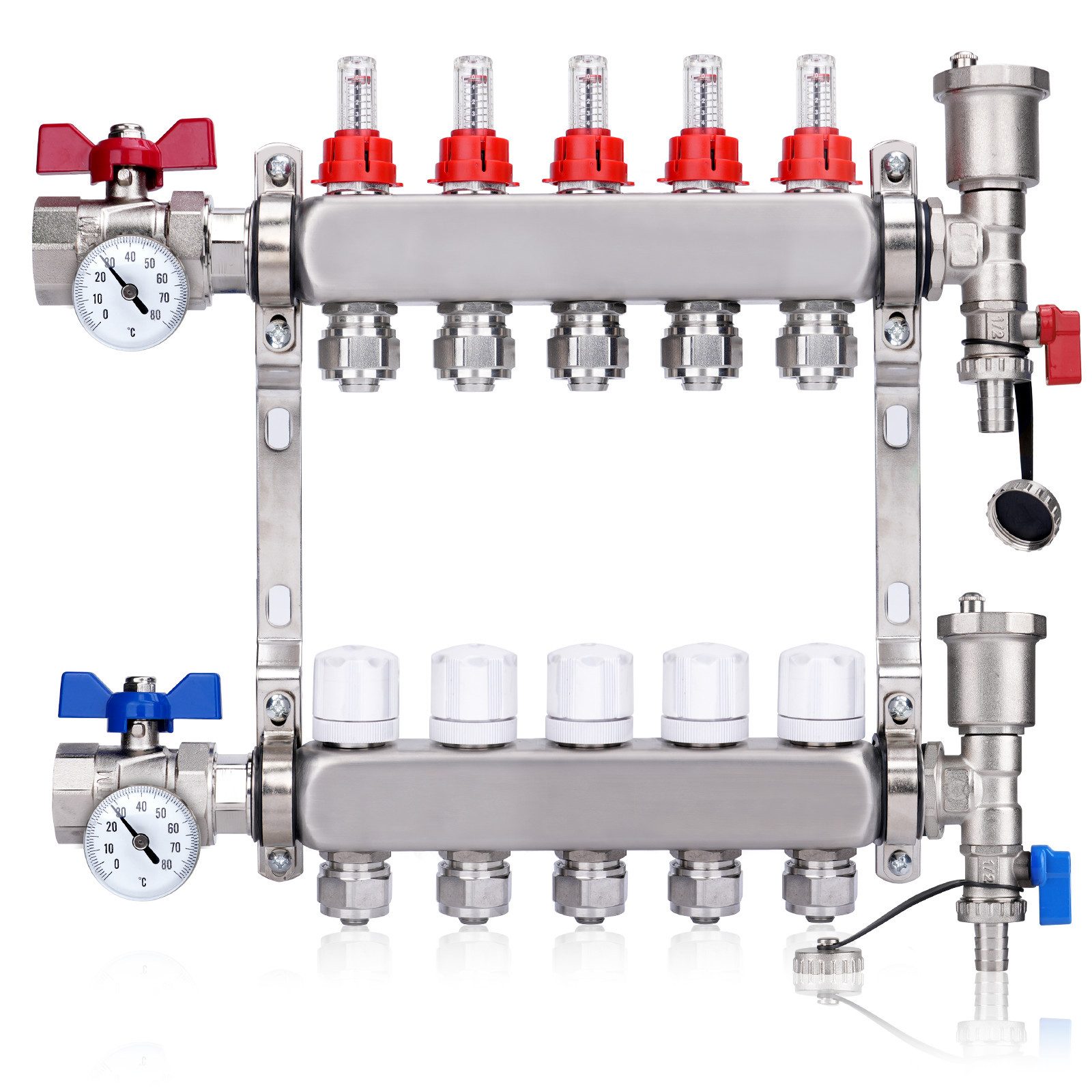 XERSEK Heizkreisverteiler Fußbodenheizung Festwertregelset, 2-13 Heizkreise, Klemmverschraubung (Edelstahl Systemverteiler mit Thermometer Stellantriebe Durchflussreg), 1" Kugelhähne, 3/4" AG mit Eurokonus, Max.10 Bar