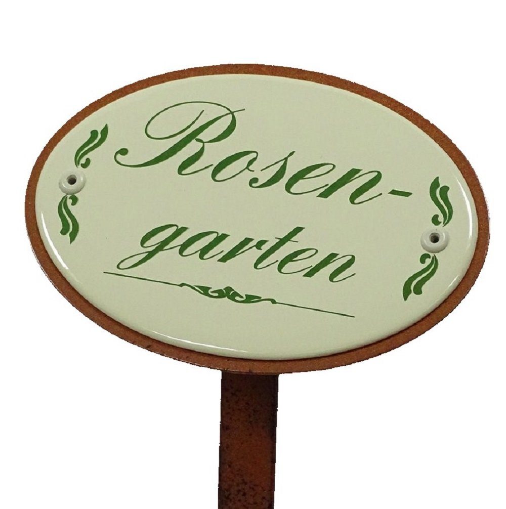 Linoows Gartenstecker Rosenschild, Beetstecker Emaille "Rosengarten" (Packung) Gartenstecker aus Emaille "Rosengarten", Erdspieß 50 cm
