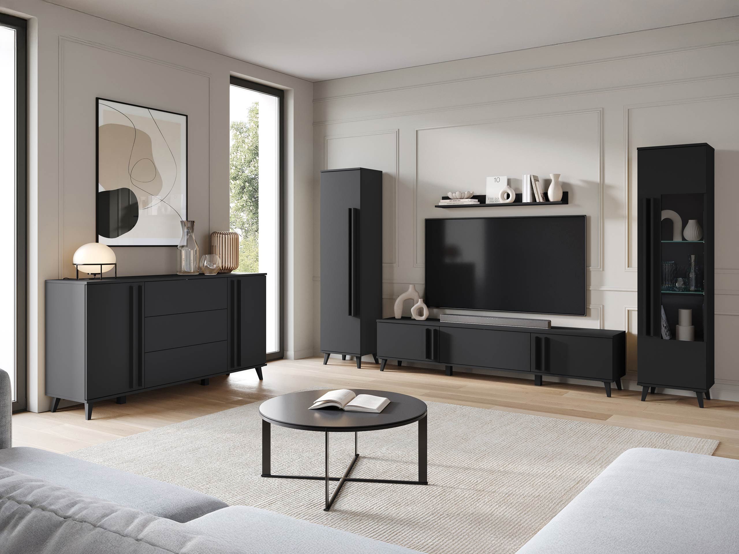 MIRJAN24 Wohnzimmer-Set Helsinki IV, (5er-Set, Vitrine, Regal, TV-Lowboard, Wandregal, Kommode), Füße - 10 cm