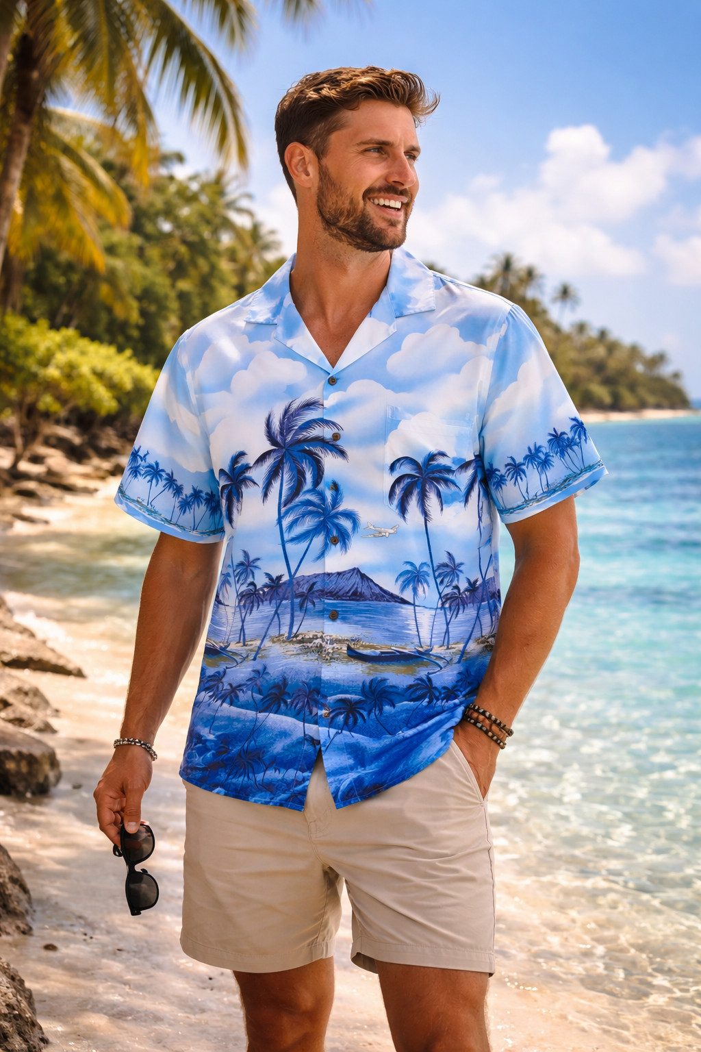 KY's Hawaiihemd "Palmbeach" Herren Kurzarm Baumwolle Kokosknöpfe Original Hawaii