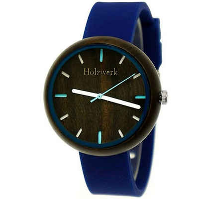 Holzwerk Quarzuhr LAUBACH Damen Holz Uhr mit Silikon Armband in blau & schwarz