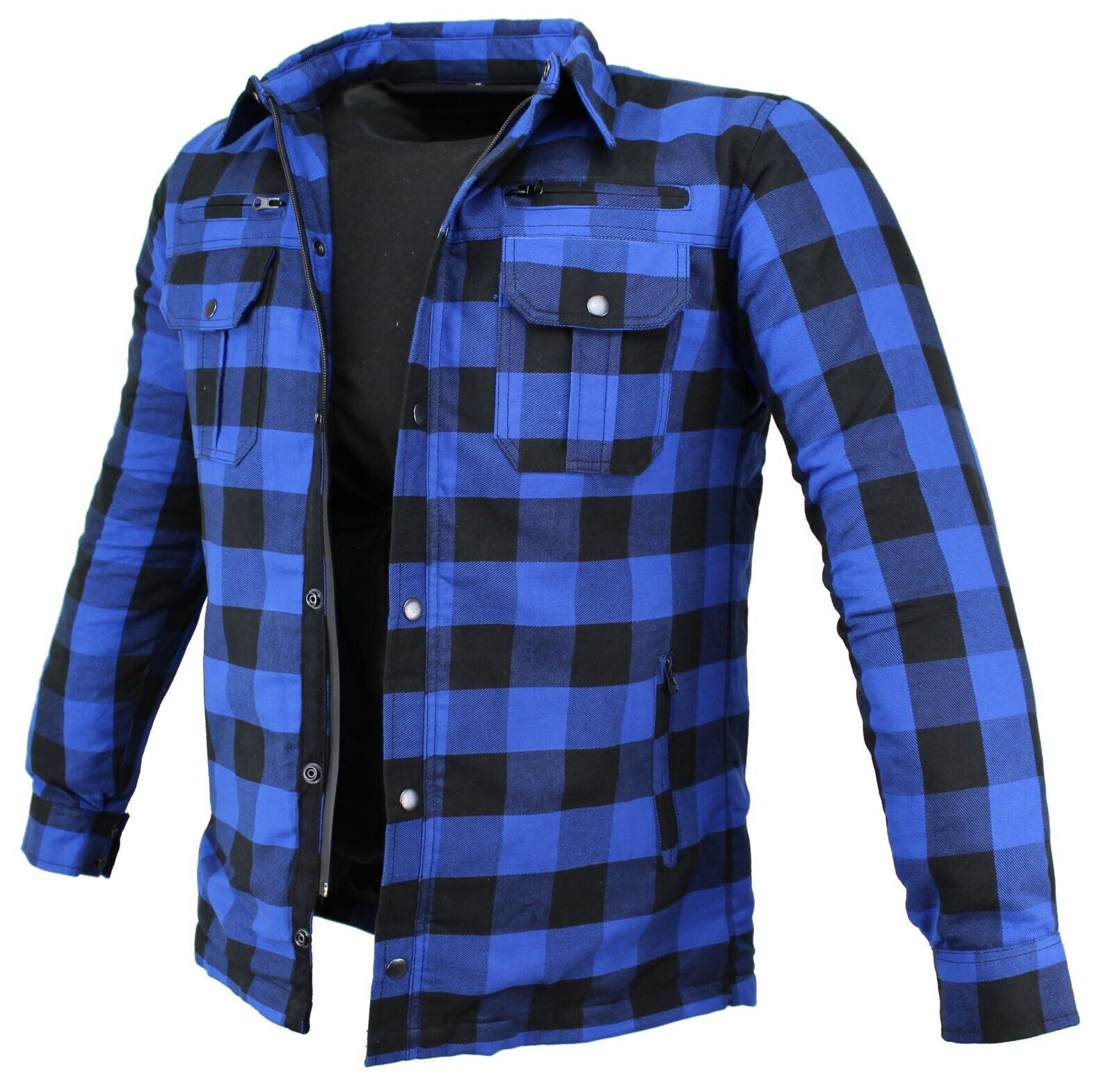 Alpha Speeds Motorradjacke Flanell-Holzfäller Motorrad KEV ARAMID Lumber Biker Hemd SLIM Blau (Wasserdicht & Winddicht & Atmungsaktiv + Belüftungstaschen / Motorradhemd) All Season, wasserdichte Reißverschlüsse, mit Protektoren
