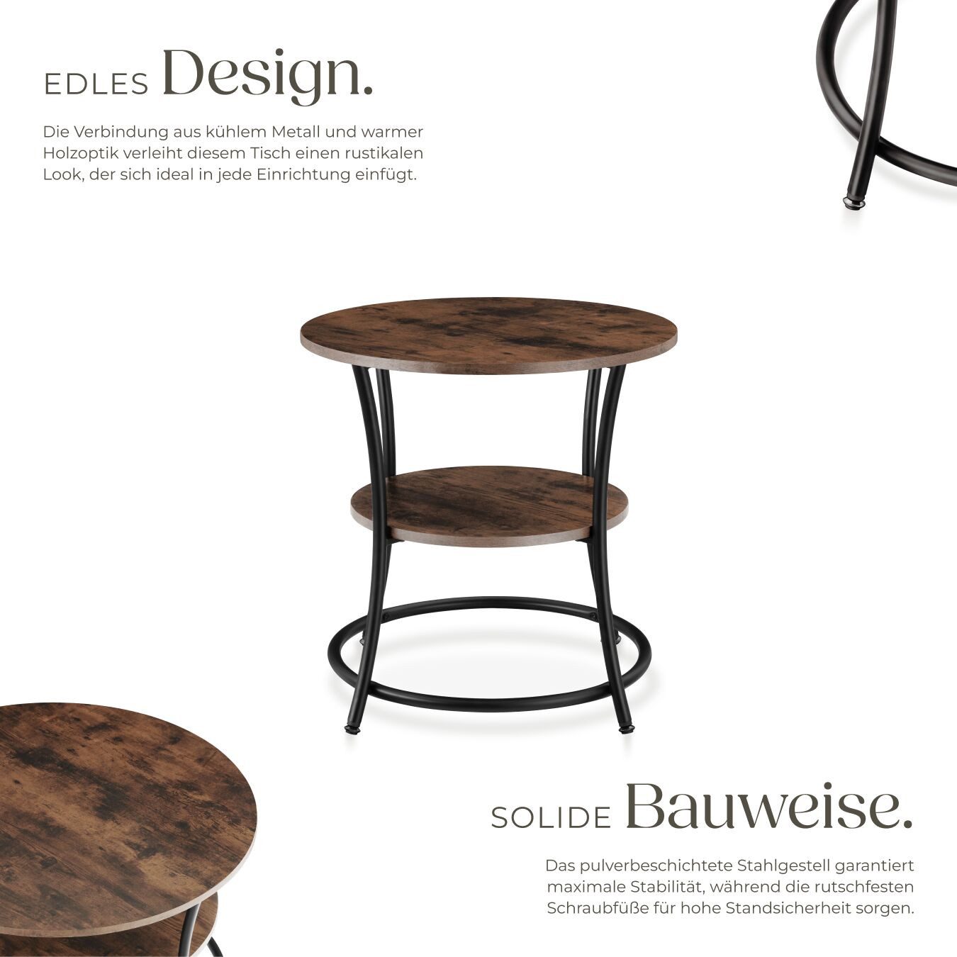 tectake Beistelltisch Ablagetisch, 55 x 56 cm, mit höhenverstellbaren Kunststofffüßen (Sofatisch Saint Louis, 1-St., in Industrial Holz dunkel, rustikal), Industrial Style, Holz und Stahl, rund, ausgestattet mit 2 Ablagen