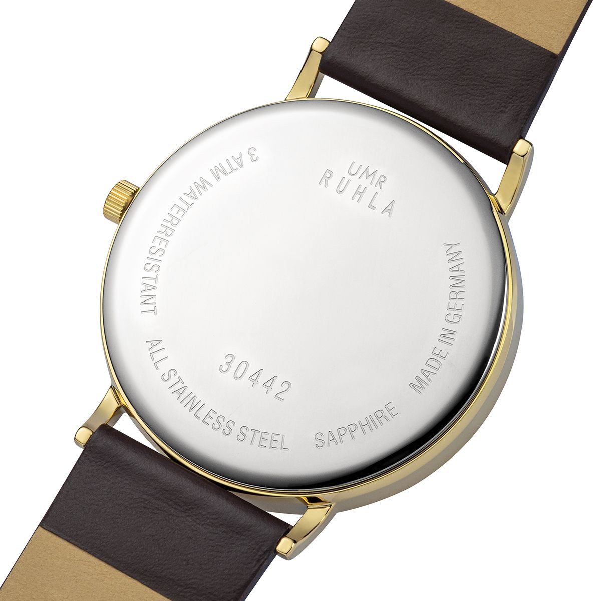 UMR Ruhla Quarzuhr Herren Classic 30442-BR IP Gold Weiß Lederband Braun Saphirglas 39 mm