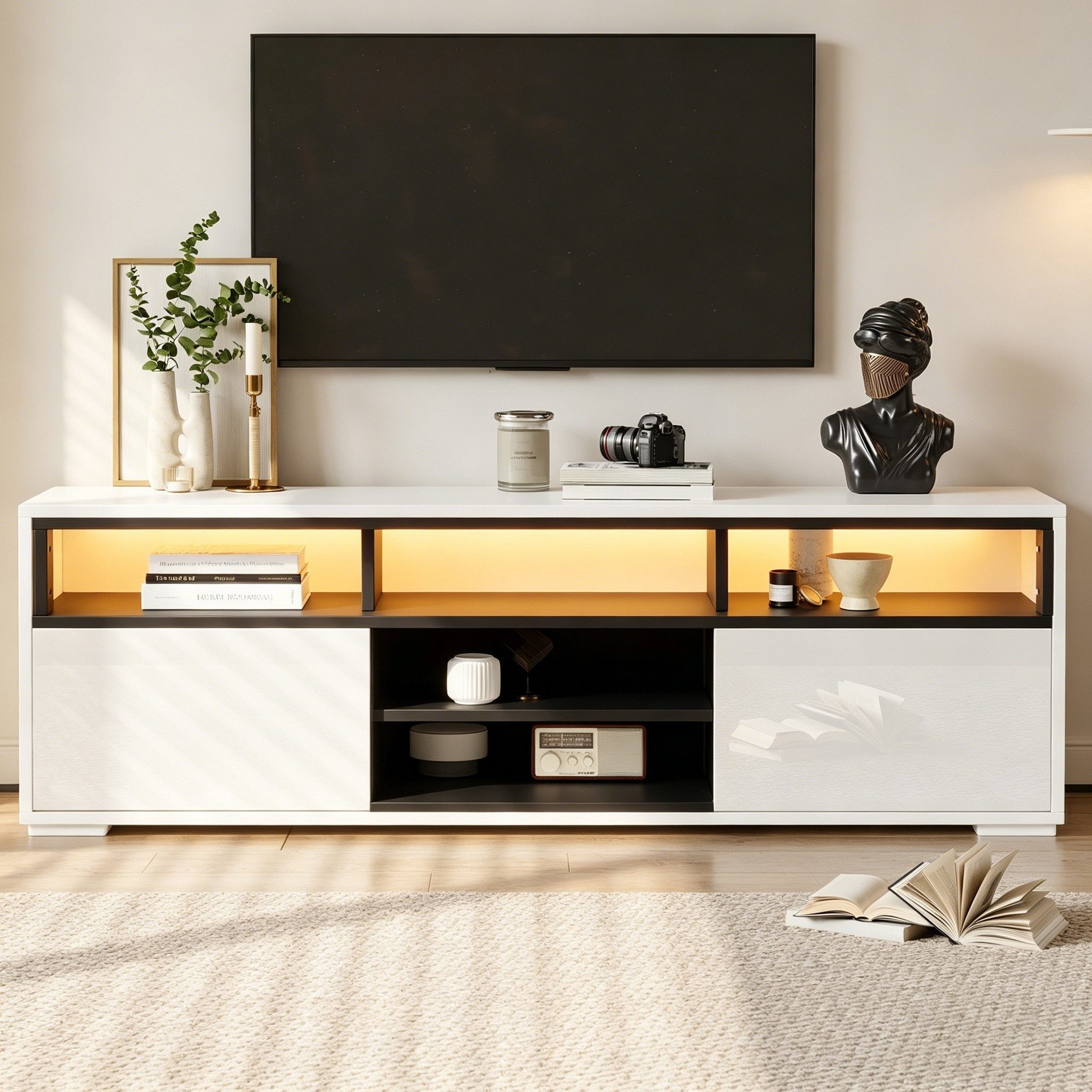 Merax Lowboard hochglanz Fernsehschrank mit LED-Beleuchtung (150 × 35 × 50 cm, 1 St), TV-Board TV-Schrank mit 2 Türen, 8 Fächer, Stauraum & Kabelmanagement – Bild 3 von 5