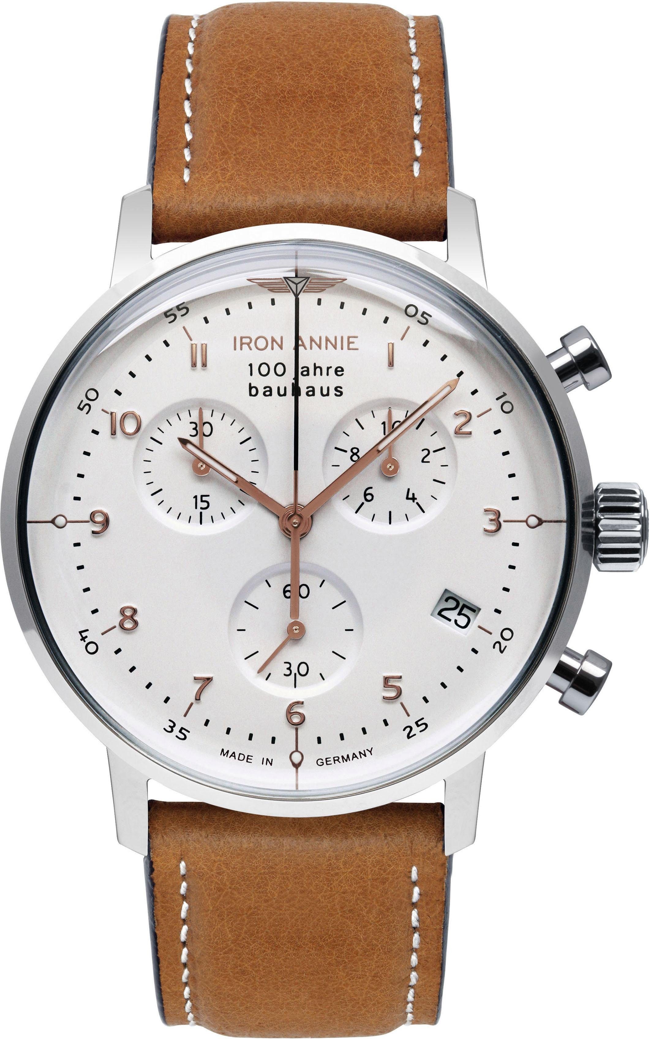 IRON ANNIE Chronograph 100 Jahre Bauhaus Herrenuhr 5096-4 Weiss Lederband  Braun 41 mm, Made in Germany