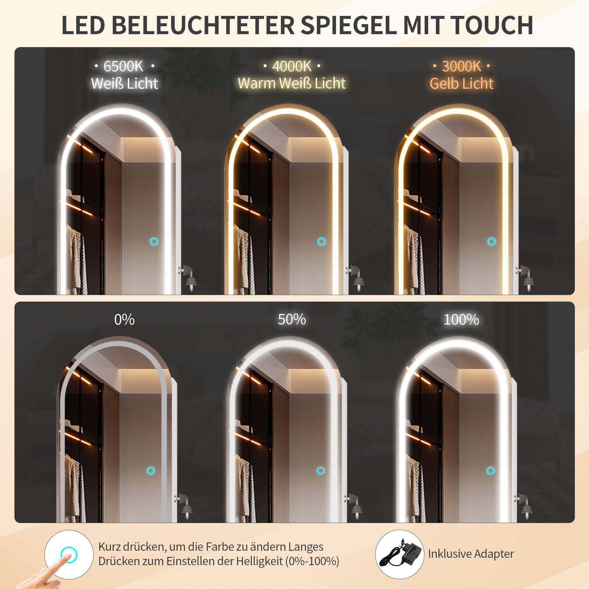 LVSOMT Schmuckschrank mit 3 Farben Licht, aus MDF, explosionssicherem Glas und Samt (1-St) mit Make-up-Spiegel, 108×40cm, weiß