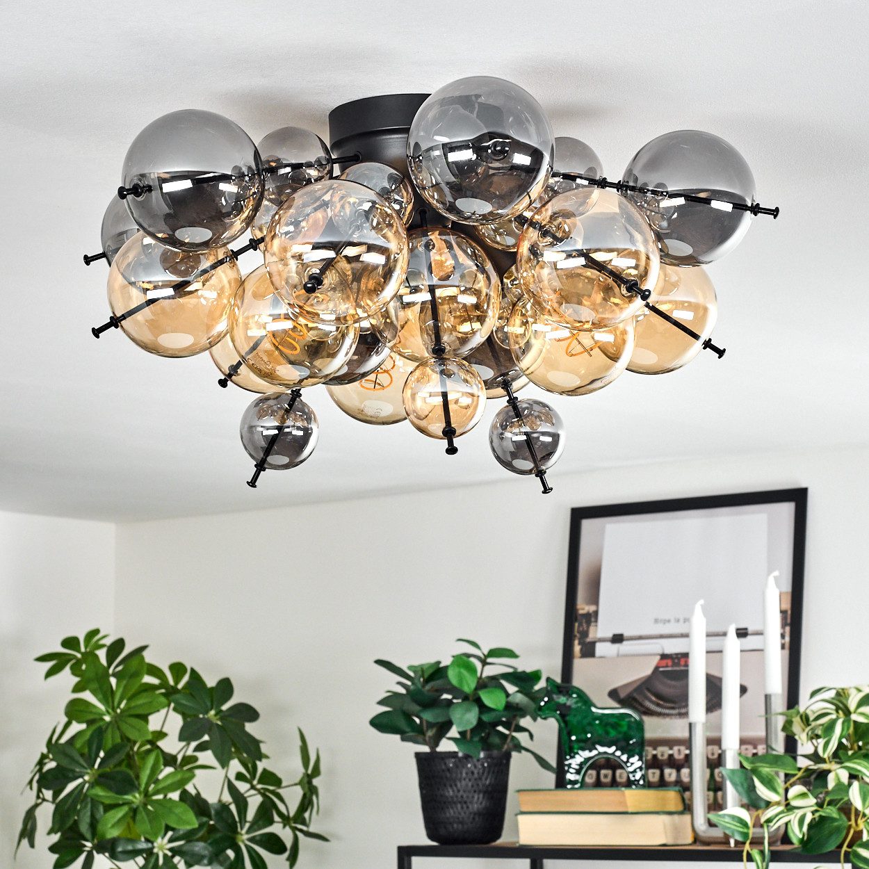 hofstein Deckenleuchte Deckenlampe aus Metall/Glas in Schwarz/Rauch-/Bernst günstig online kaufen