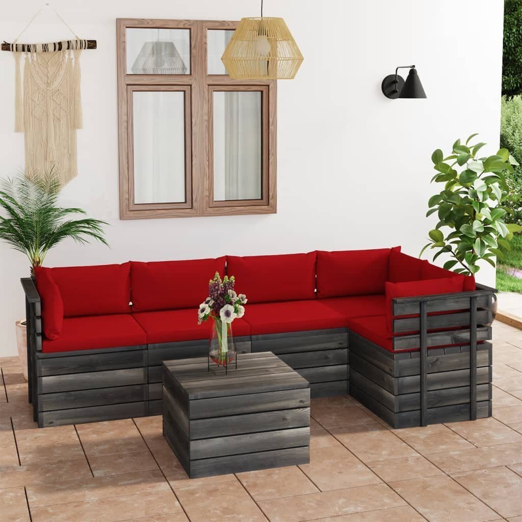 vidaXL Gartenlounge-Set 6-tlg. Garten-Sofagarnitur aus Paletten mit Kissen Kiefernholz, (6-tlg) Rot