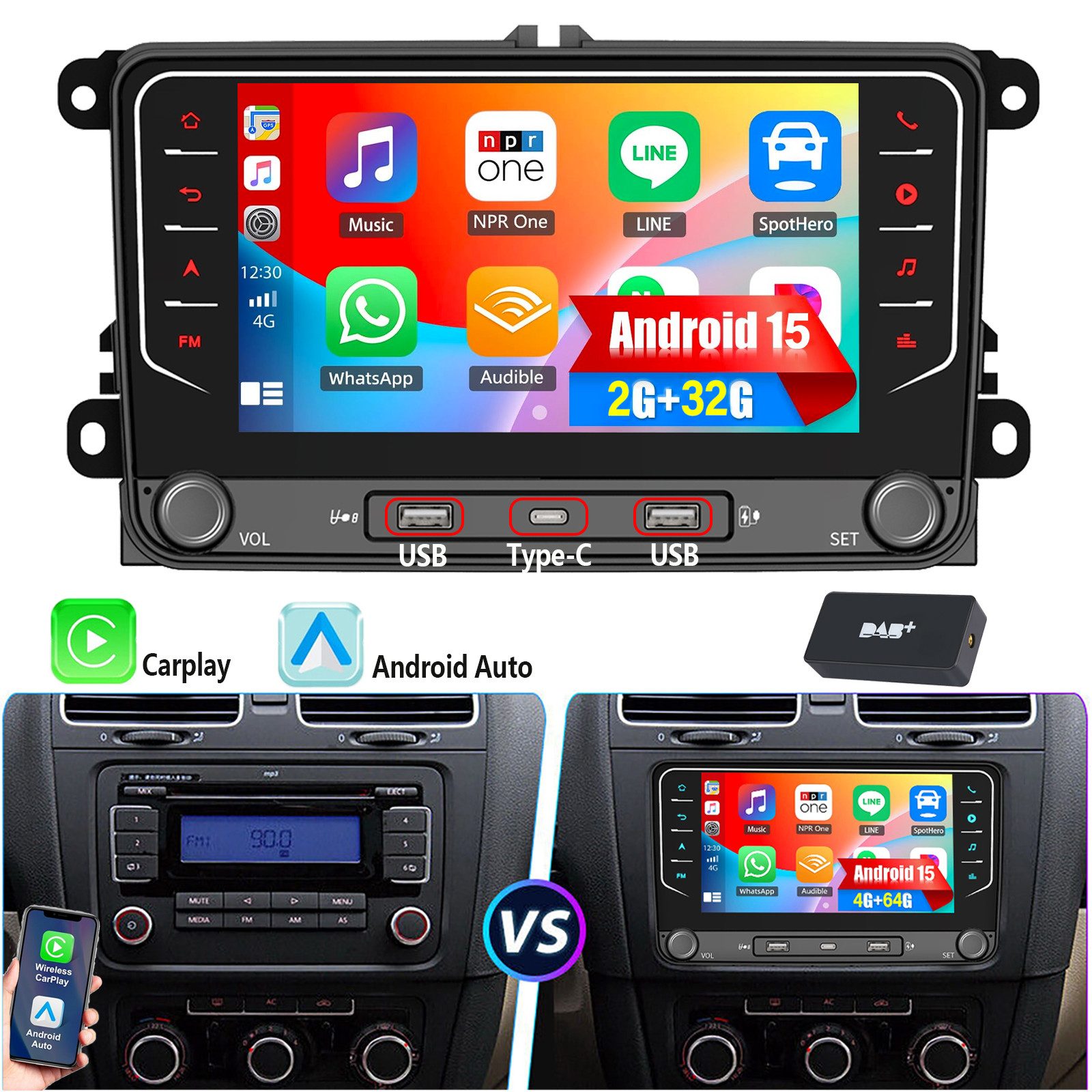 ESSGOO 7" Android 15 Für VW GOLF 5 6 Touran EOS Tiguan Polo 6R Passat Caddy Autoradio (RDS, 4+64G(optional), DAB (optional), FM, DAB+ (optional), Carplay Android Auto DAB (optional), RDS, FM, 4+64GB, SWC, GPS NAVI)