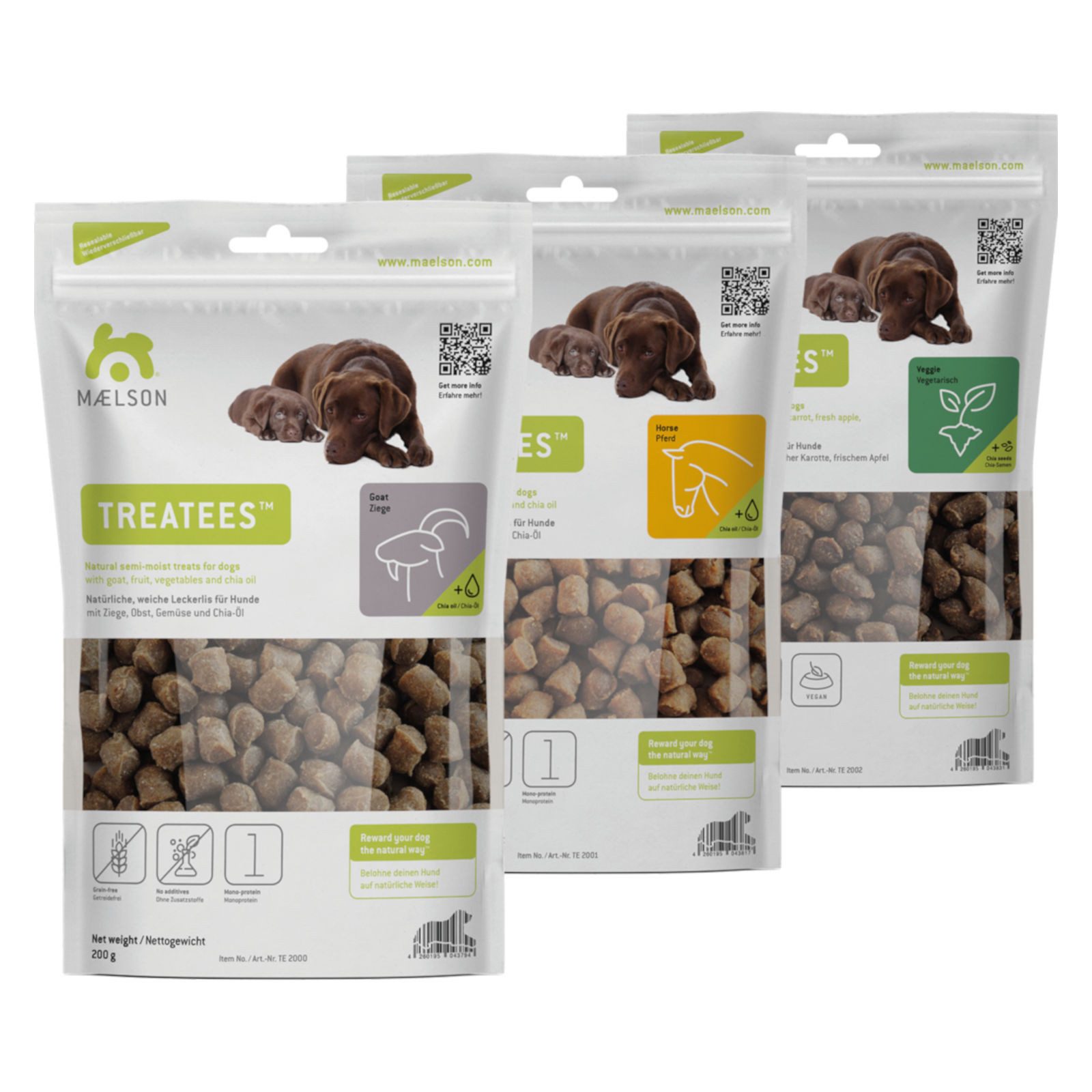 MAELSON Treatees Ziege, Pferd & Veggie, 3x 200 g weiche Hundeleckerlis, Snack für: Hund