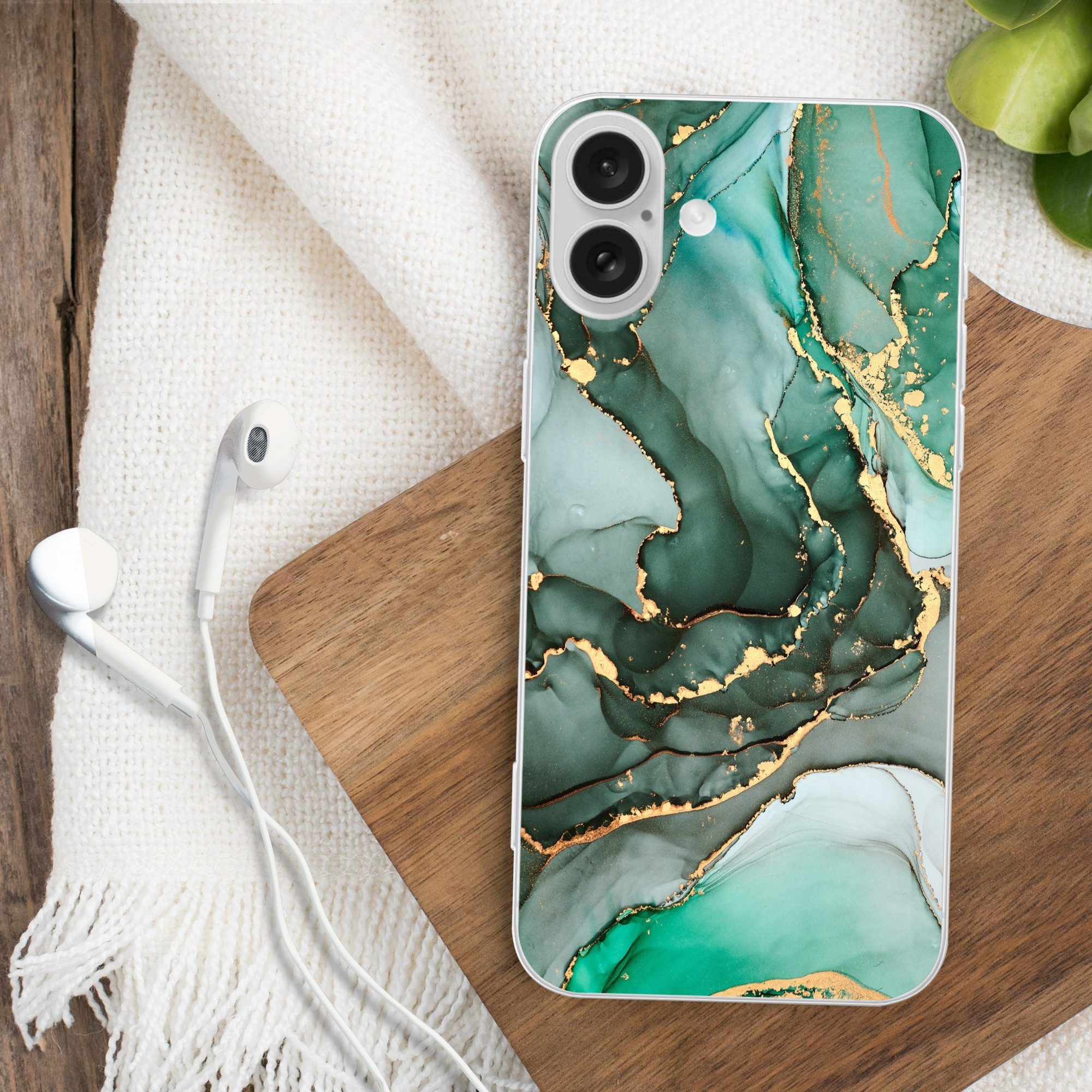 MuchoWow Handyhülle für Apple iPhone 16 Plus Gold - Marmor - Grün - Luxus - Marmoroptik -, Smartphone-Bumper, Print, Handy Schutzhülle Dünn