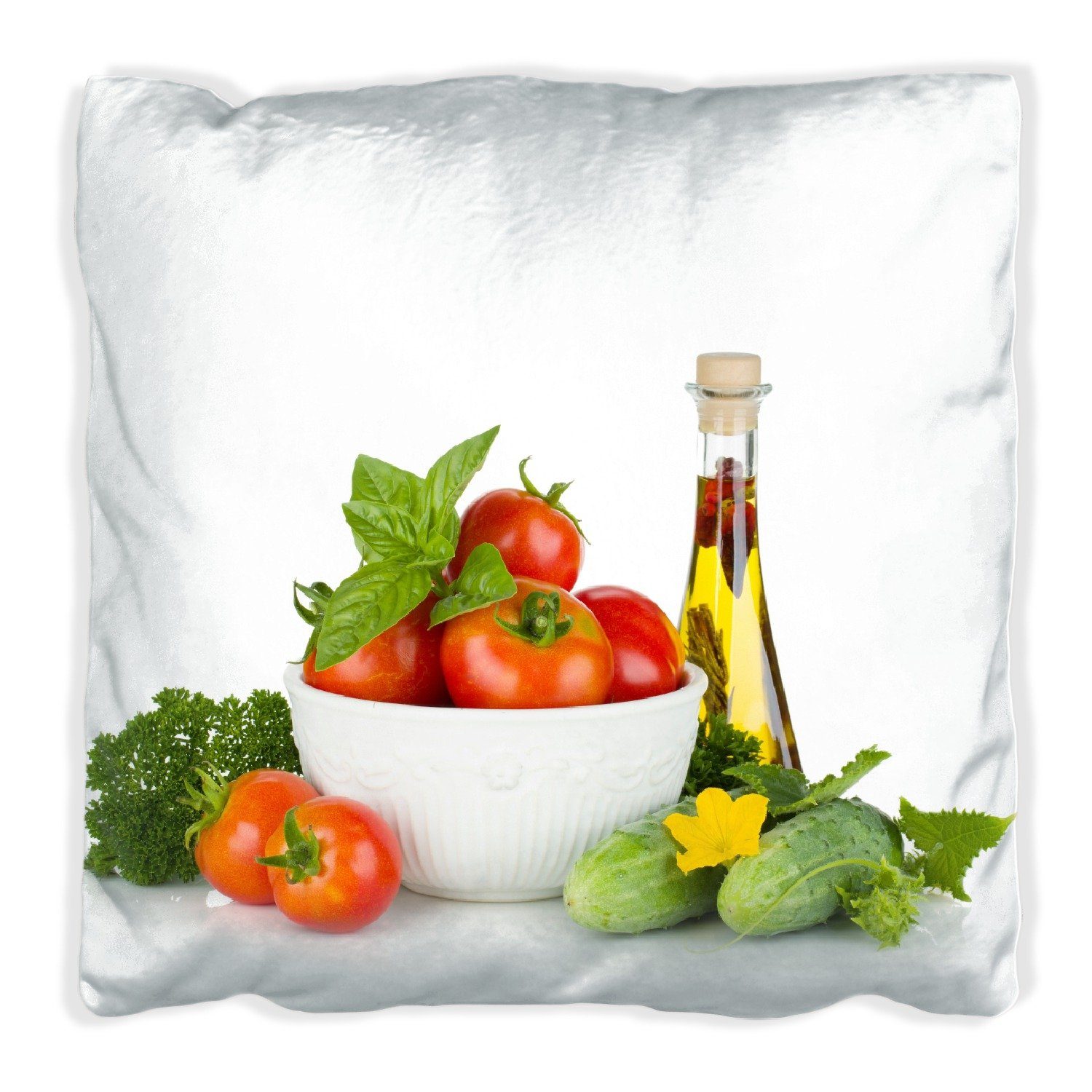 Wallario Dekokissen Frische Salatzutaten mit Kräuter-Öl - Tomaten, Gurke, Petersilie, handgenäht