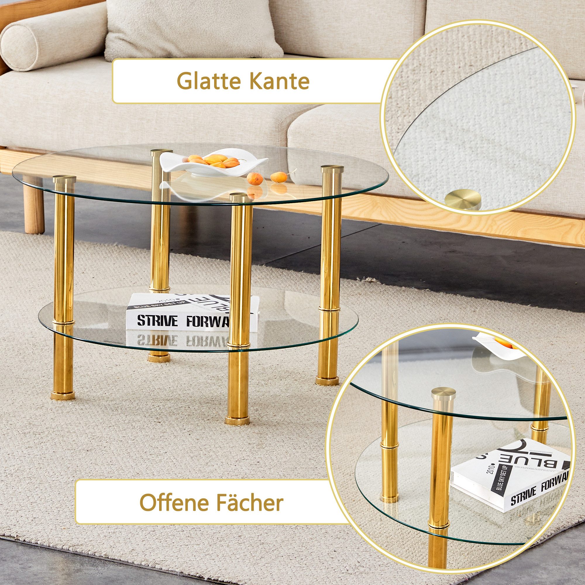 i@home Glastisch Couchtisch, moderner zweistufiger Glastisch (1 Tisch), Silberne Metallbeine, Stabil und geräumig, mit leichtem Luxusdesign.