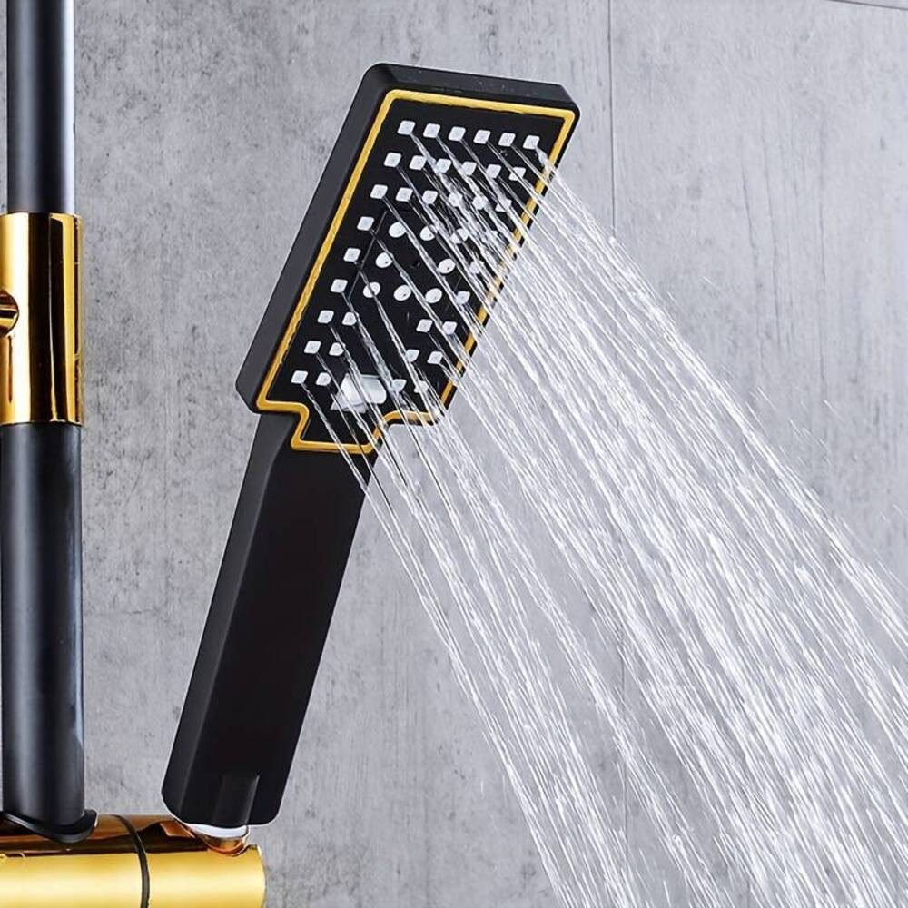 DENU-Home Duschsystem Brausegarnitur Schwarz Gold Thermostat-Mischbatterie für Badezimmer, 4 Strahlart(en), 4-Fach verstellbare Handbrause mit Antikalk-Noppen. – Bild 3 von 5